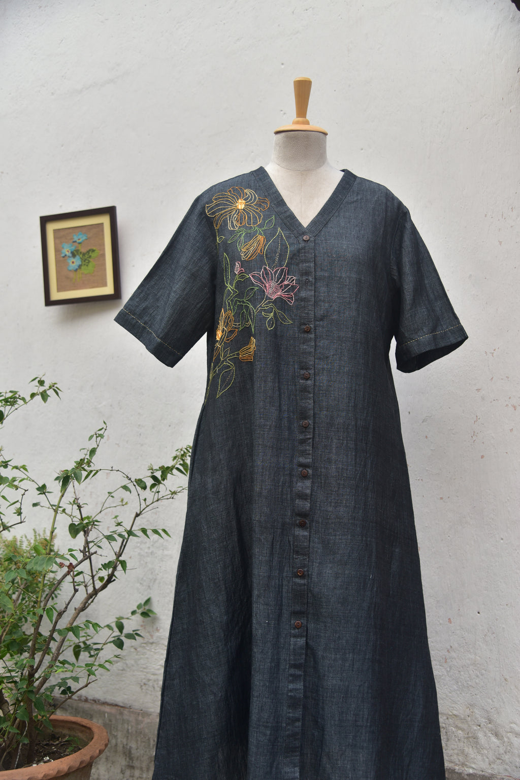 Charcoal Drift Handwoven Linen Shirt Dress in charcoal grey front view
