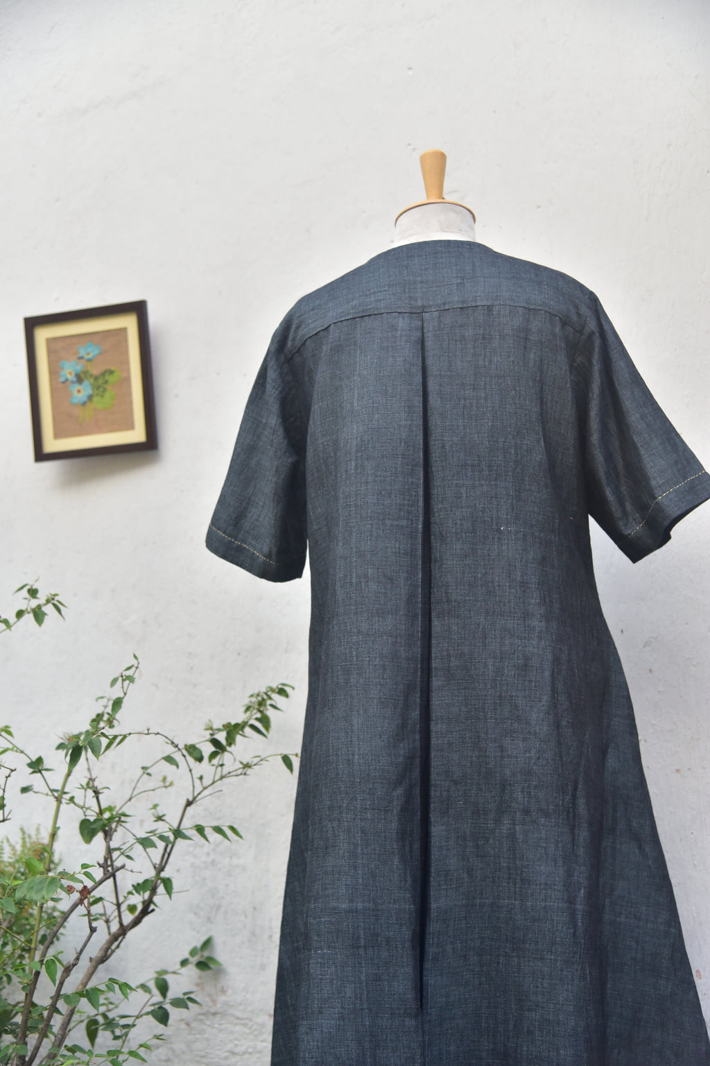 Charcoal Drift Handwoven Linen Shirt Dress in charcoal grey back view