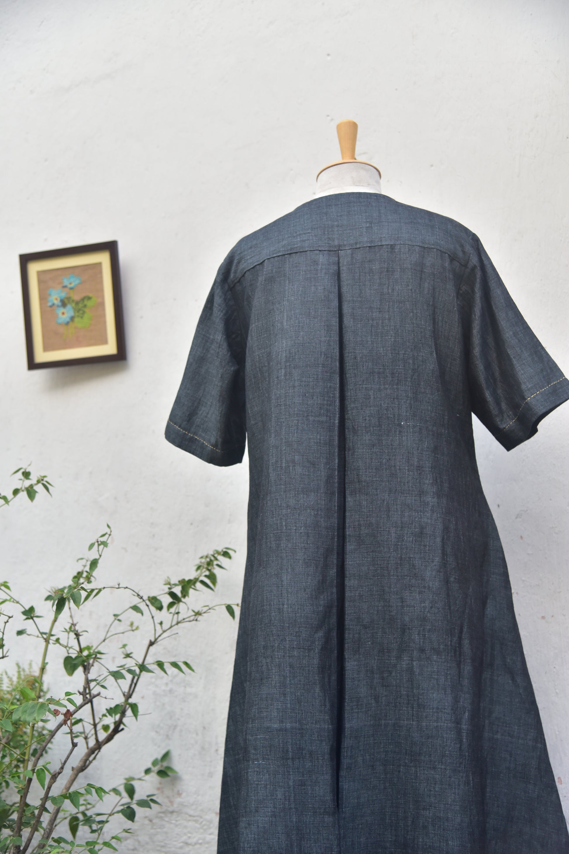 Charcoal Drift Handwoven Linen Shirt Dress in charcoal grey back view
