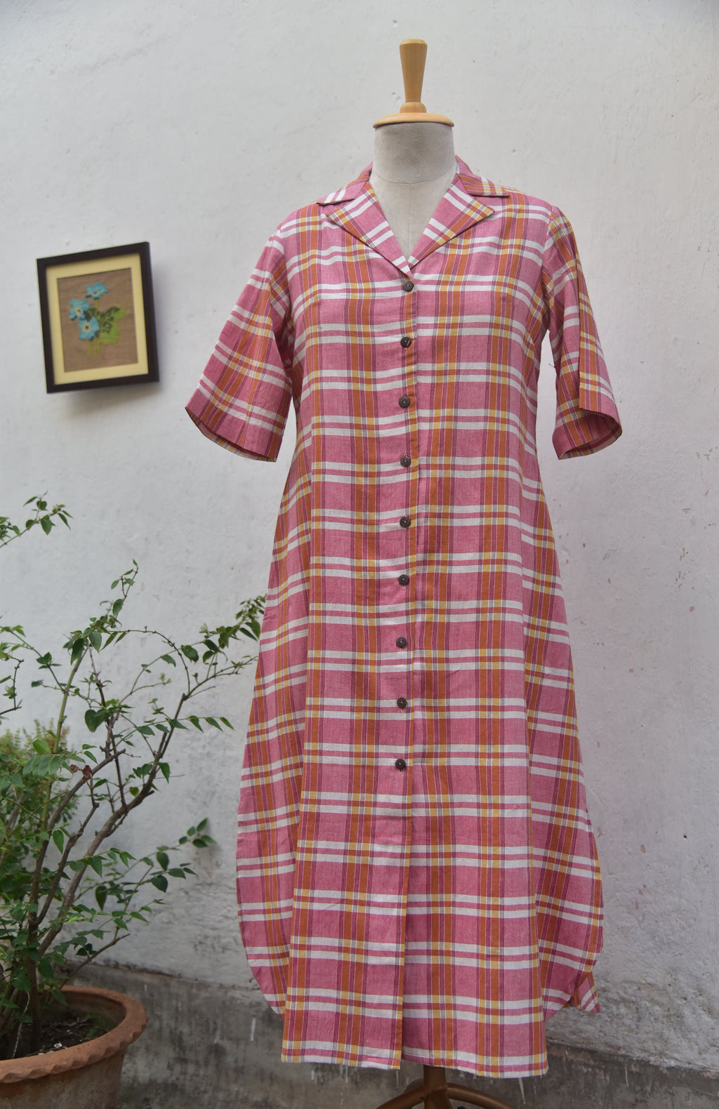 Blush Pink Whisper Handwoven Cotton Shirt Dress in pink front view