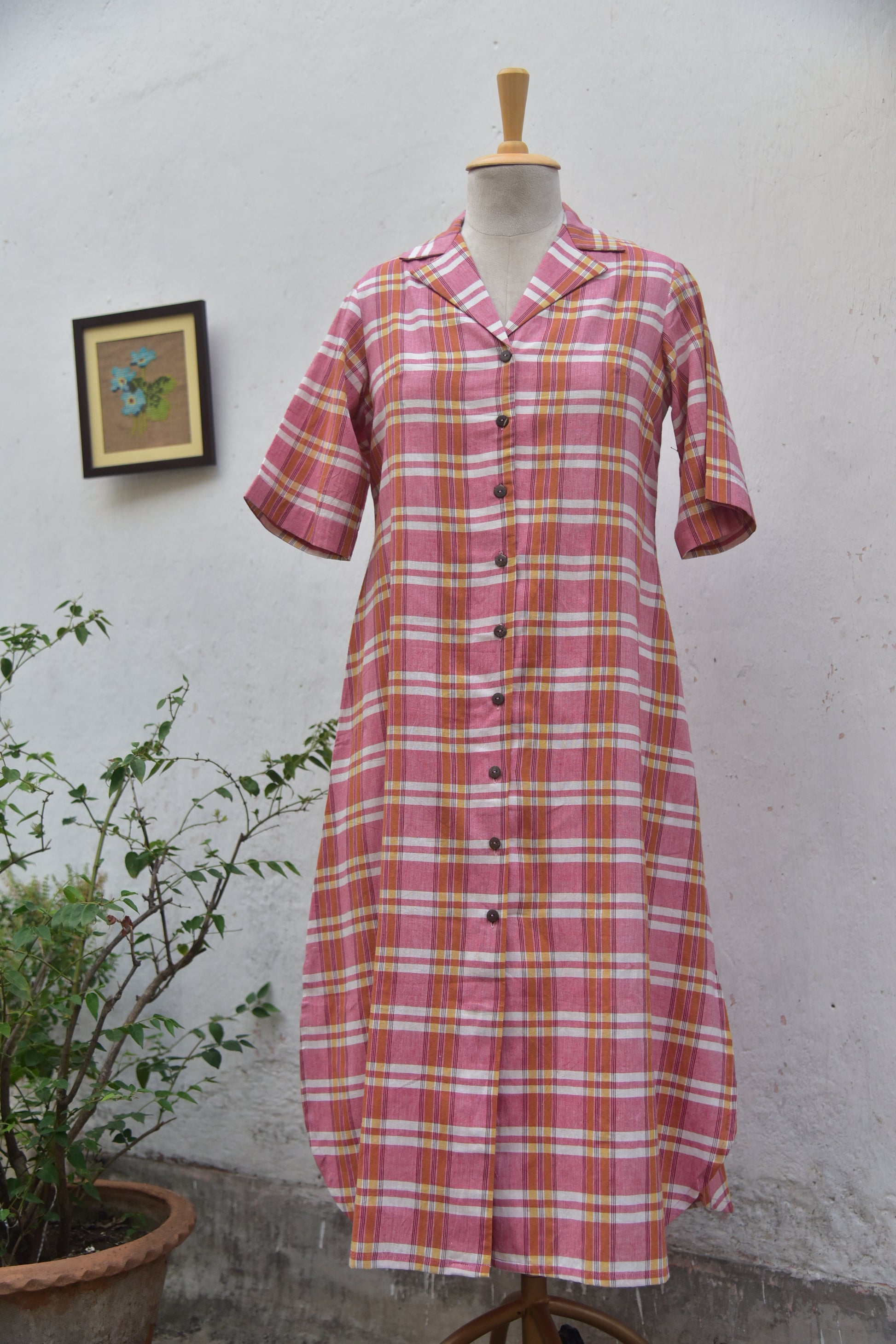 Blush Pink Whisper Handwoven Cotton Shirt Dress in pink front view