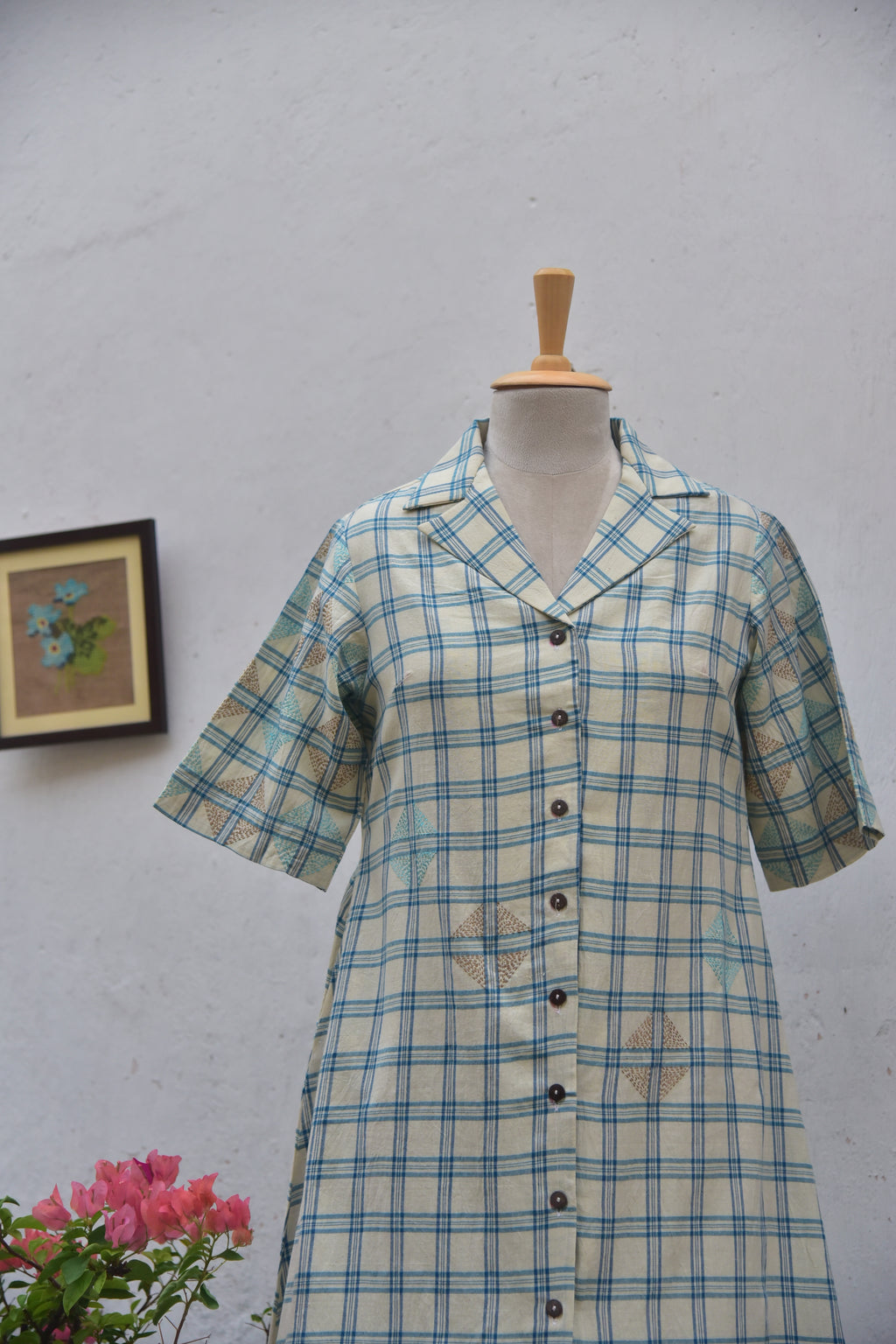 Skyloom Handwoven cotton shirt dress with Kantha embroidery white and blue checks front view