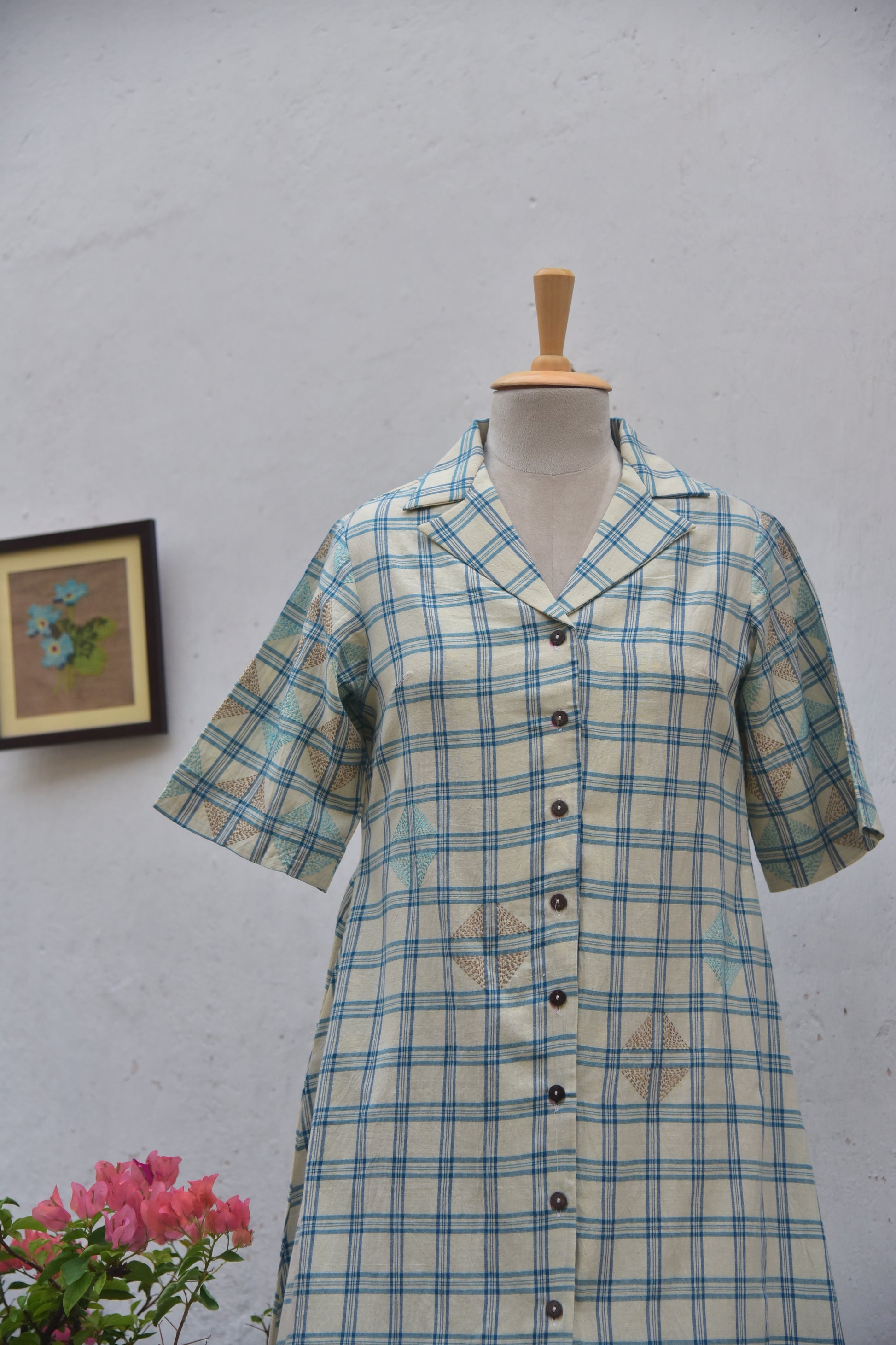 Skyloom Handwoven cotton shirt dress with Kantha embroidery white and blue checks front view