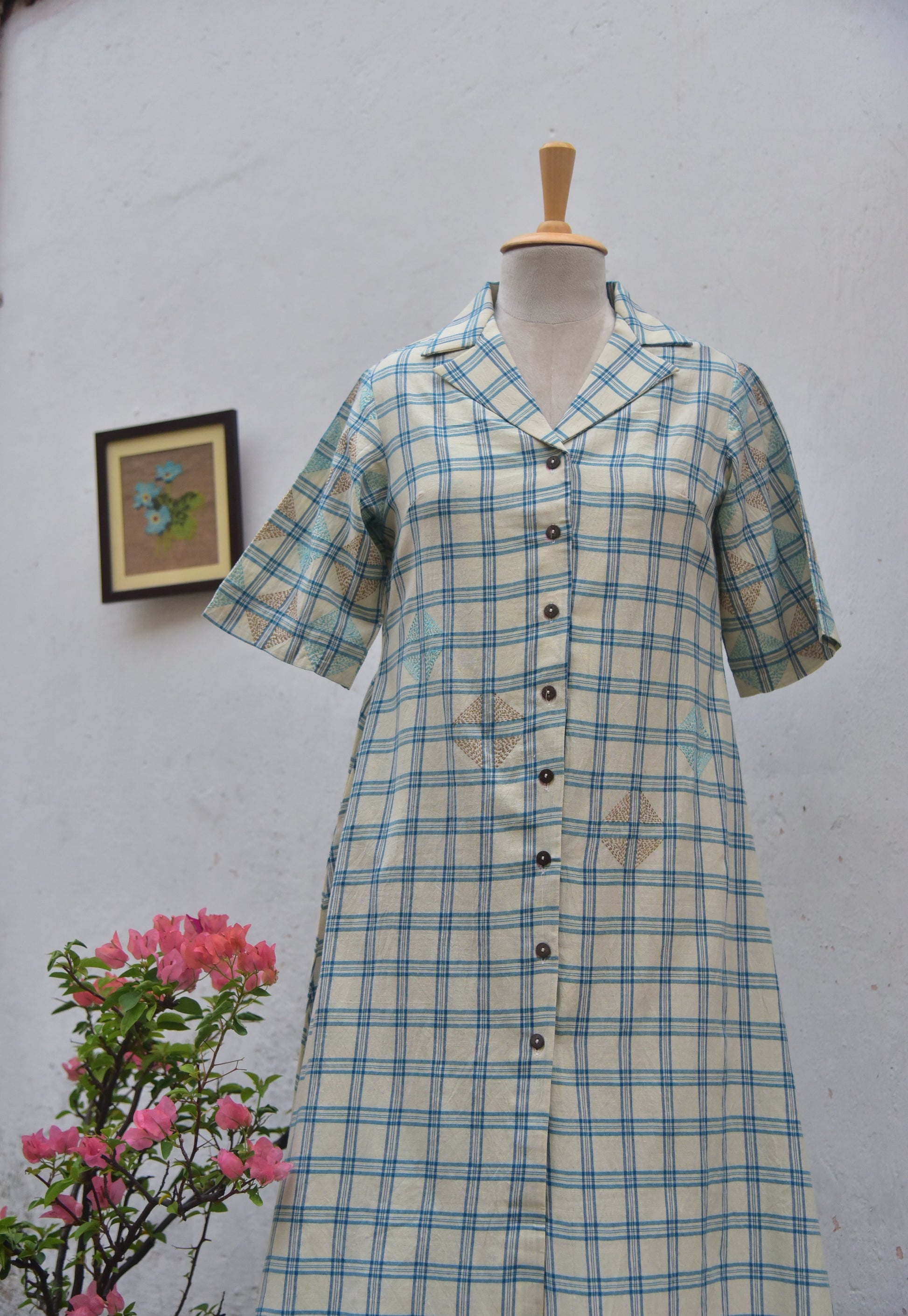Skyloom Handwoven cotton shirt dress with Kantha embroidery white and blue checks front