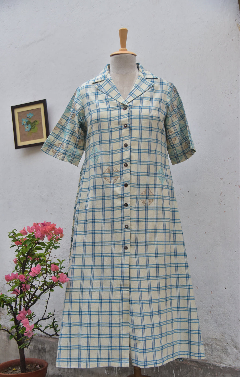 Skyloom Handwoven cotton shirt dress with Kantha embroidery white and blue checks front