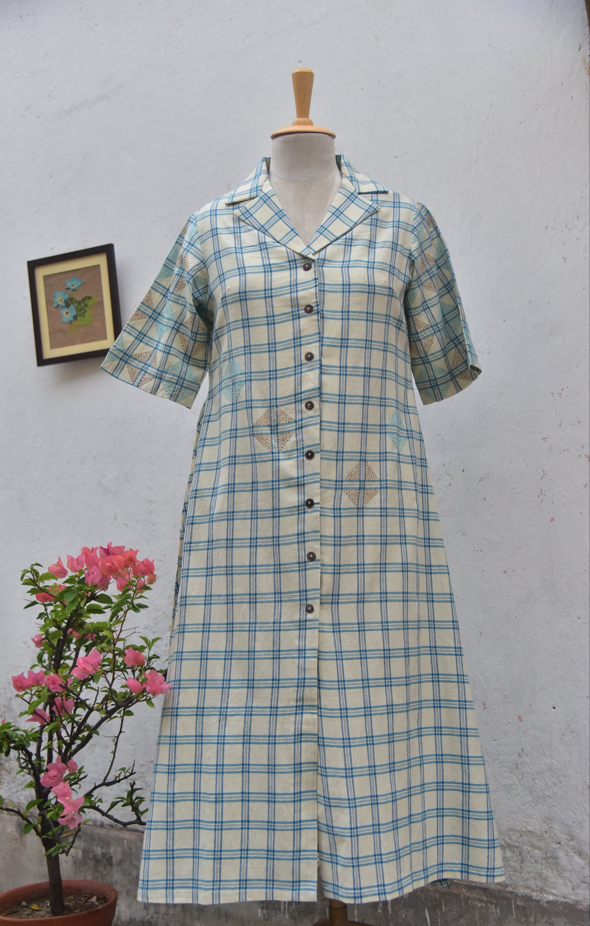 Skyloom Handwoven cotton shirt dress with Kantha embroidery white and blue checks front