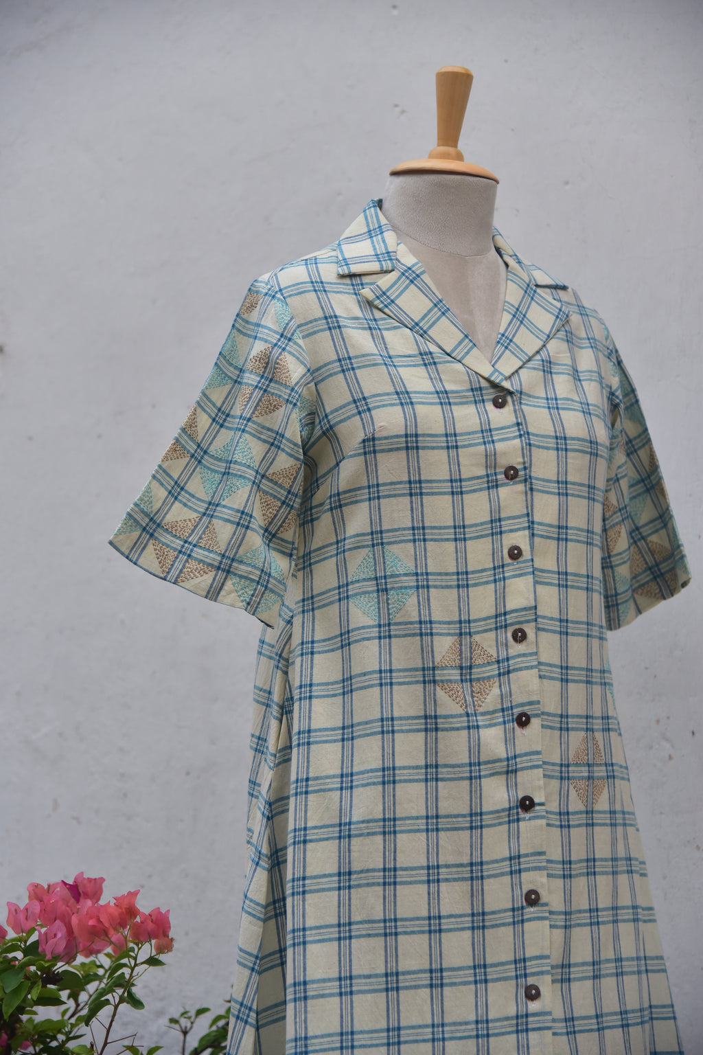 Skyloom Handwoven cotton shirt dress with Kantha embroidery white and blue checks front