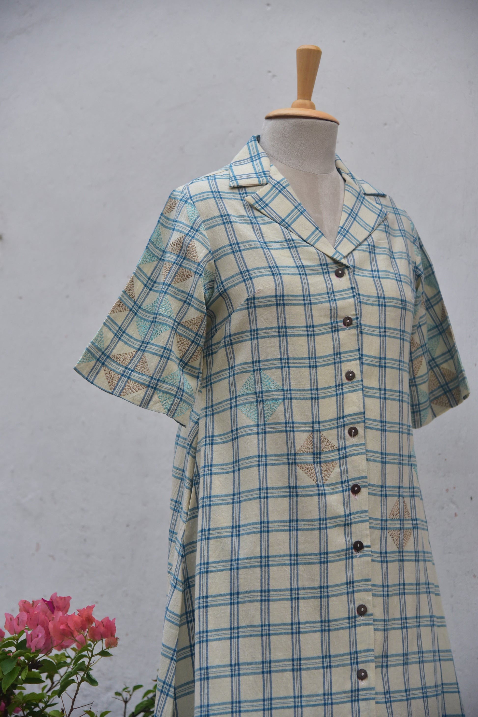 Skyloom Handwoven cotton shirt dress with Kantha embroidery white and blue checks front