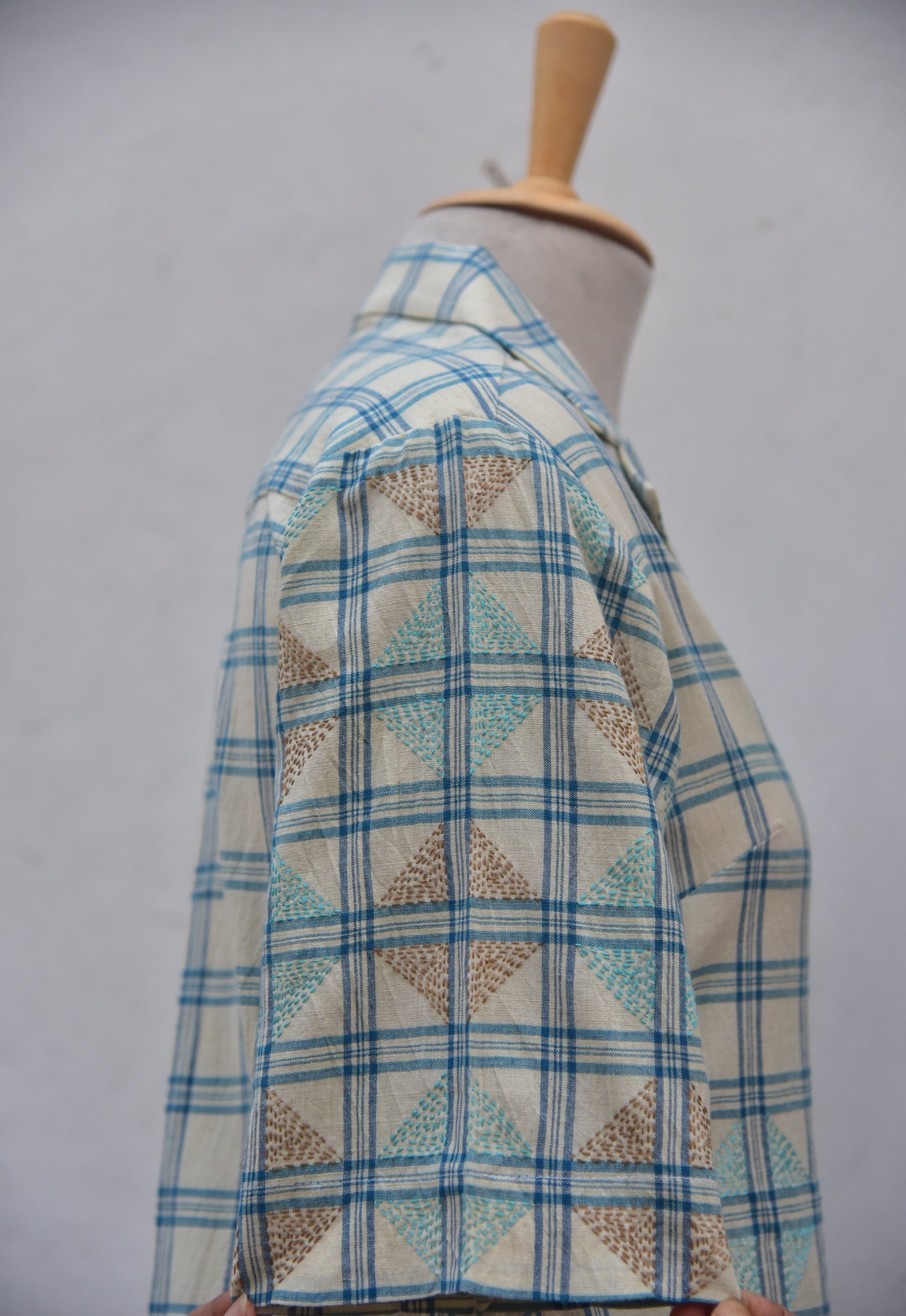 Skyloom Handwoven cotton shirt dress with Kantha embroidery white and blue checks front