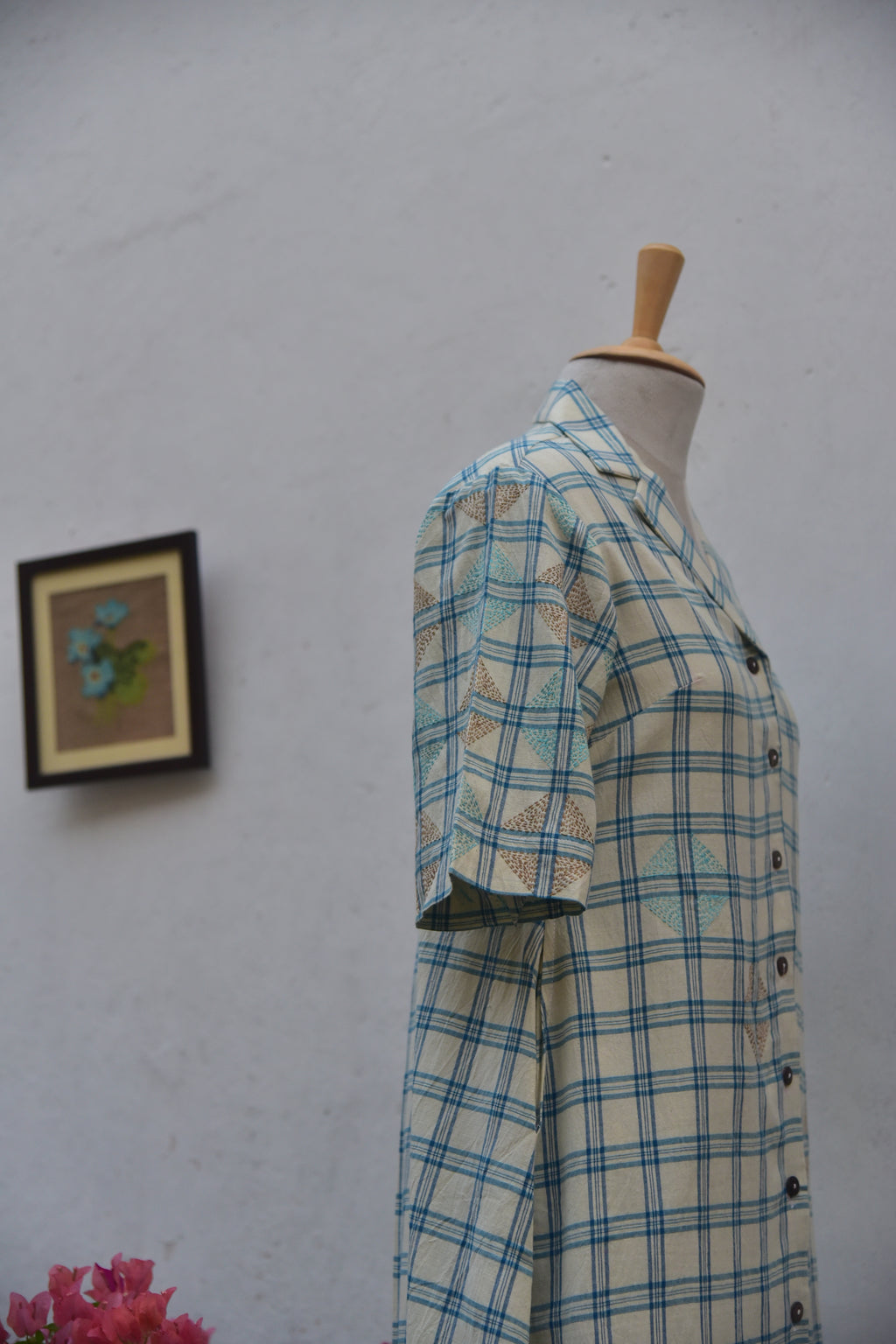 Skyloom Handwoven cotton shirt dress with Kantha embroidery white and blue checks front