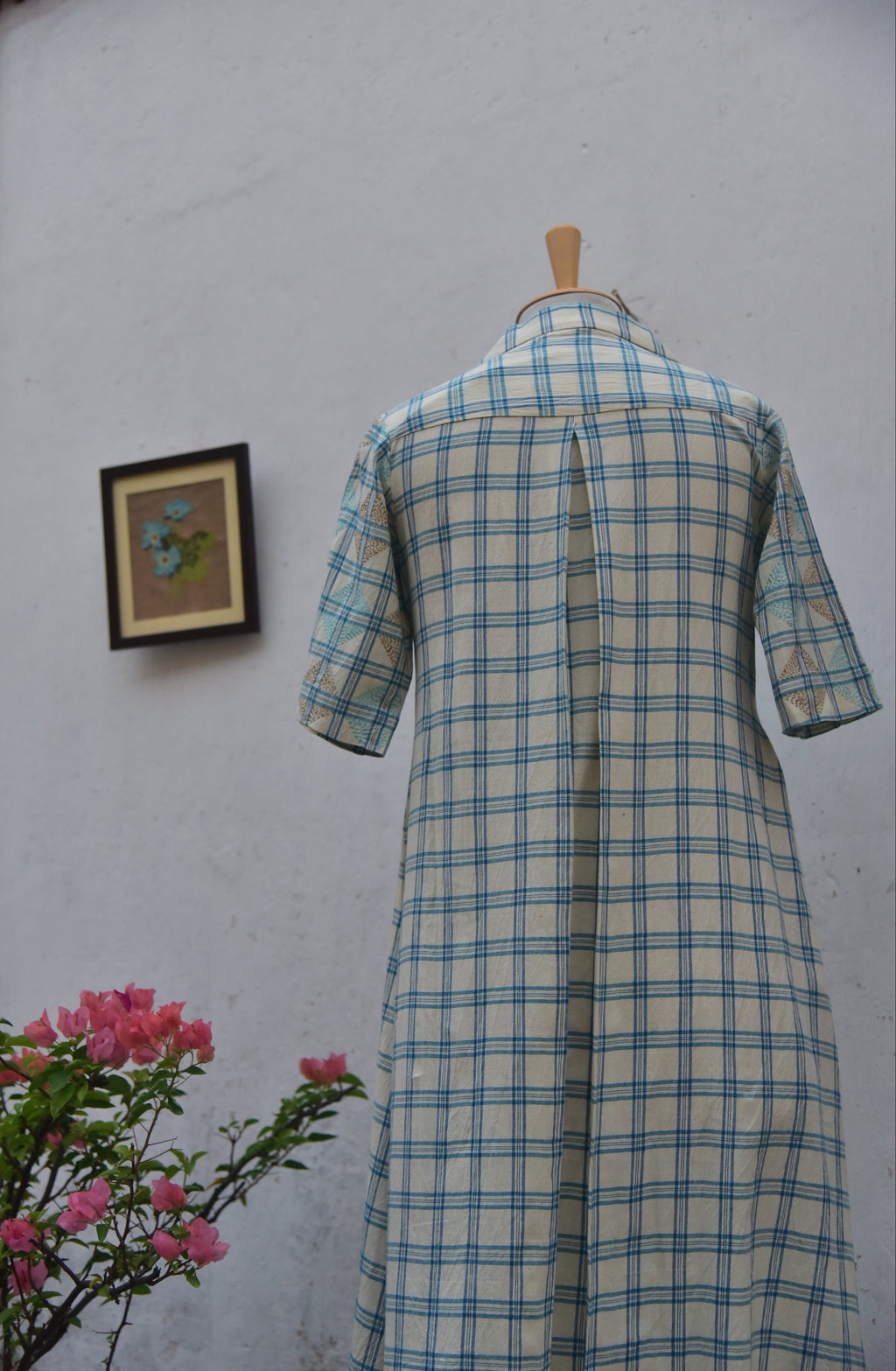 Skyloom Handwoven cotton shirt dress with Kantha embroidery white and blue checks front