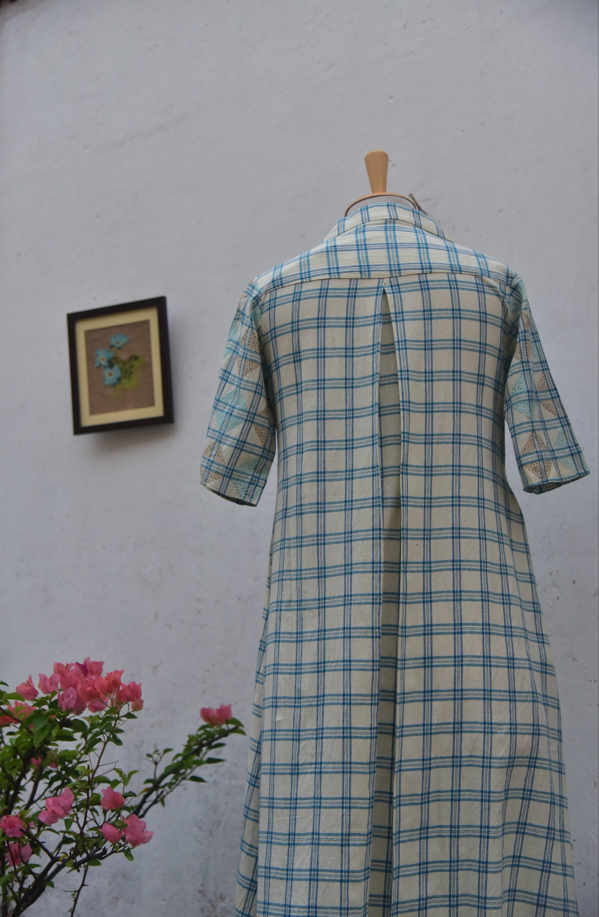 Skyloom Handwoven cotton shirt dress with Kantha embroidery white and blue checks front