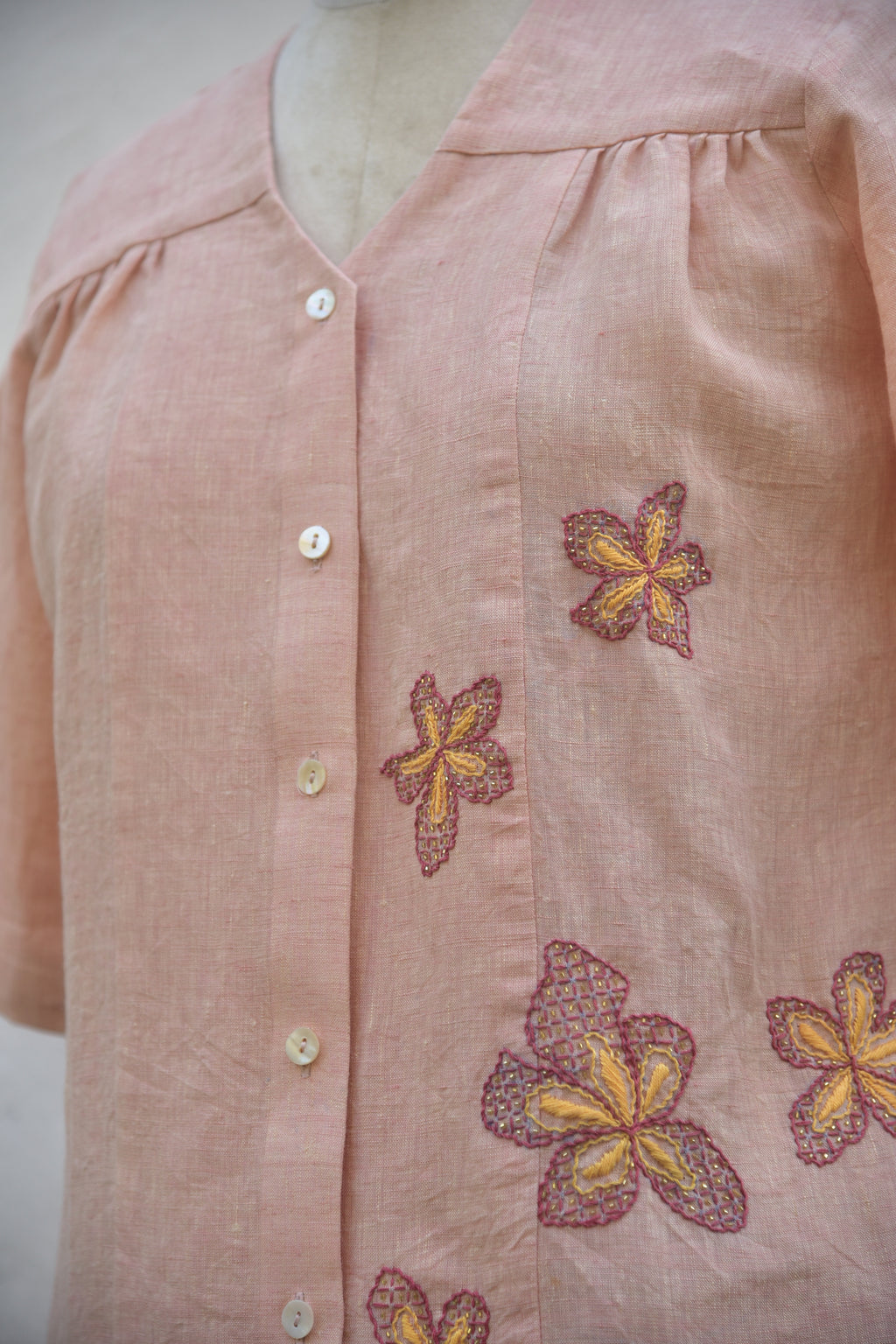 Peach Petal Handwoven Linen Top Hand-embroidery Close View