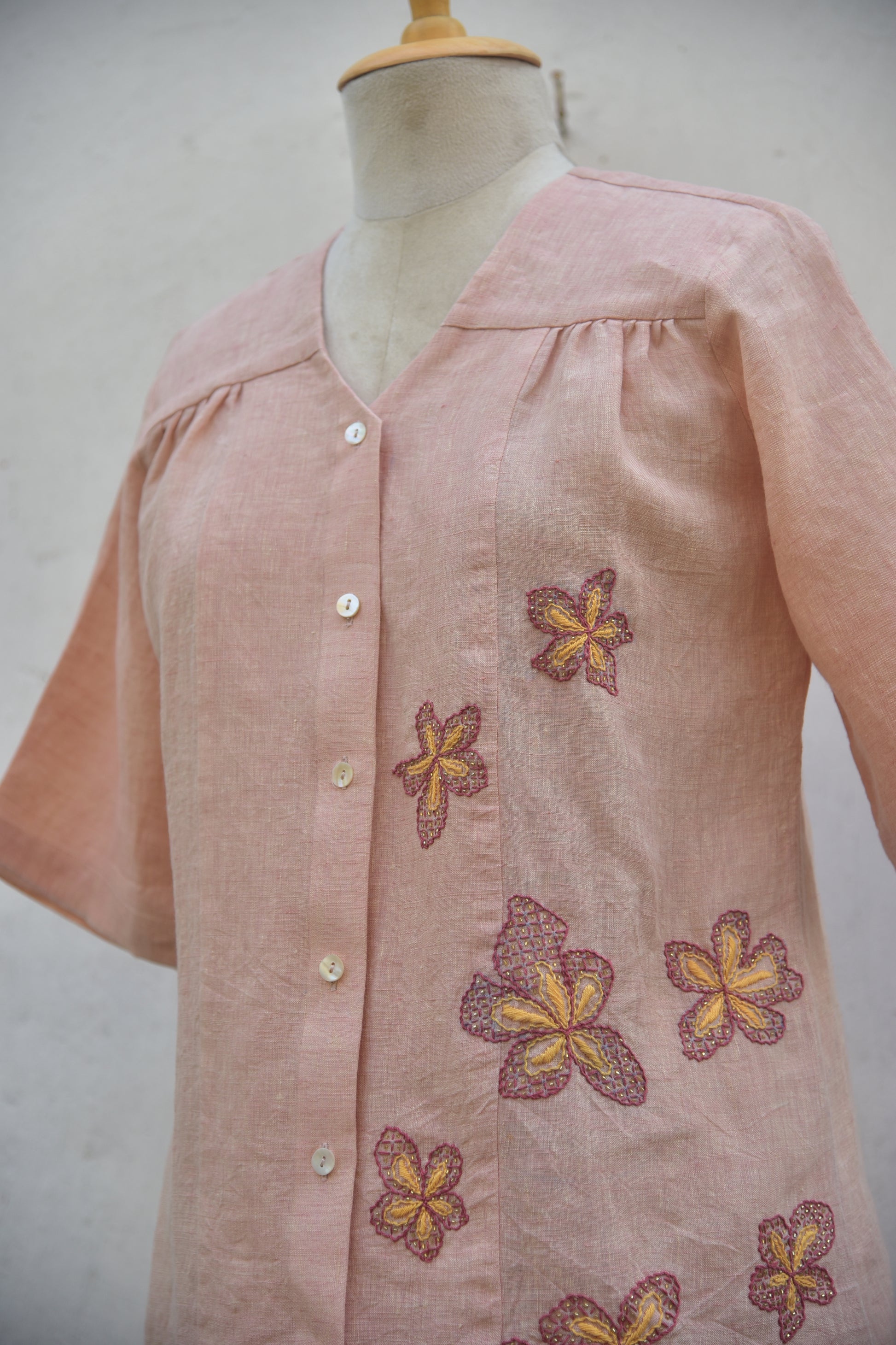 Peach Petal Handwoven Linen Top Close Front View