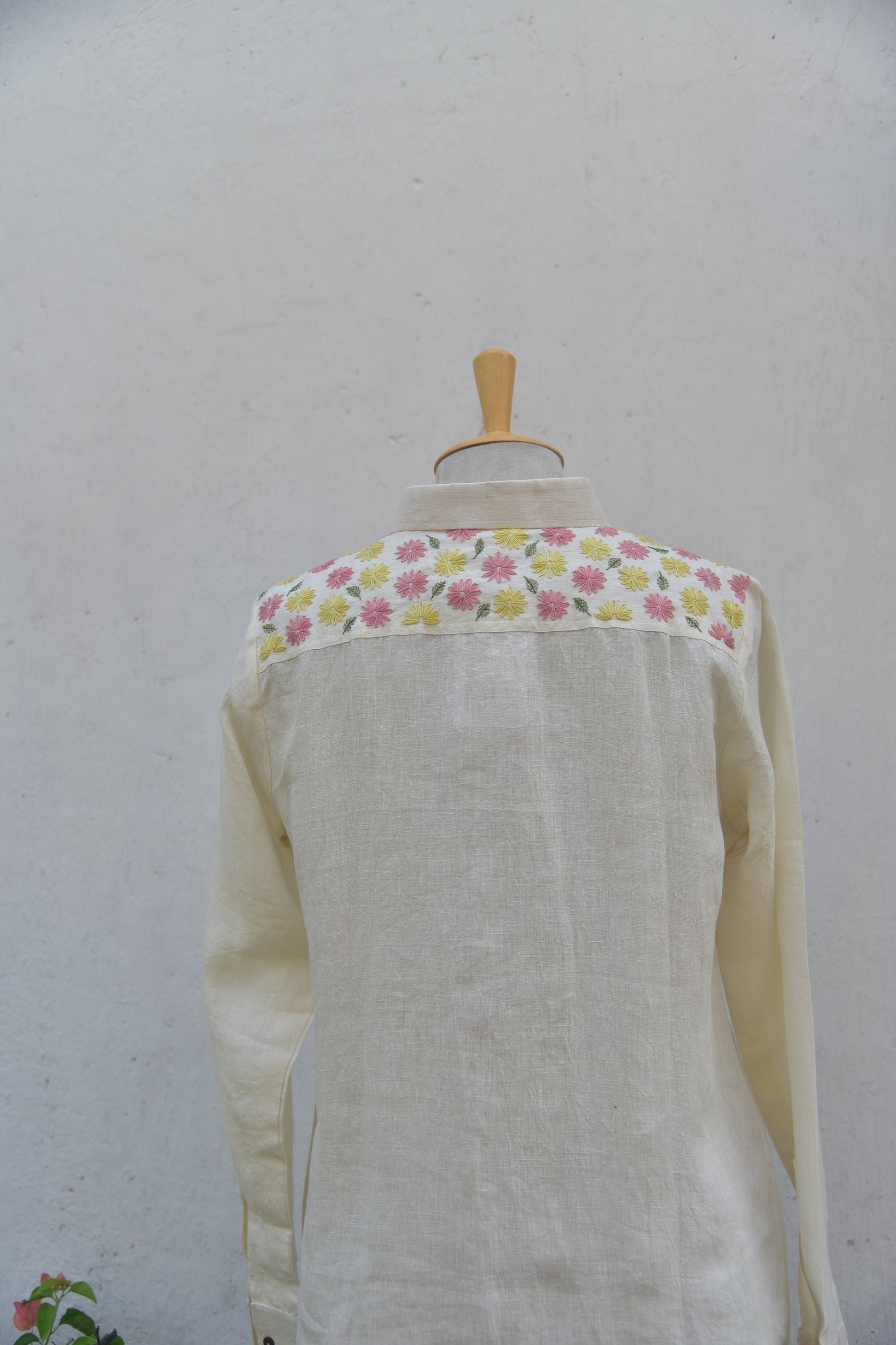 Ivory Gleam Handwoven Linen Shirt White Front View Back