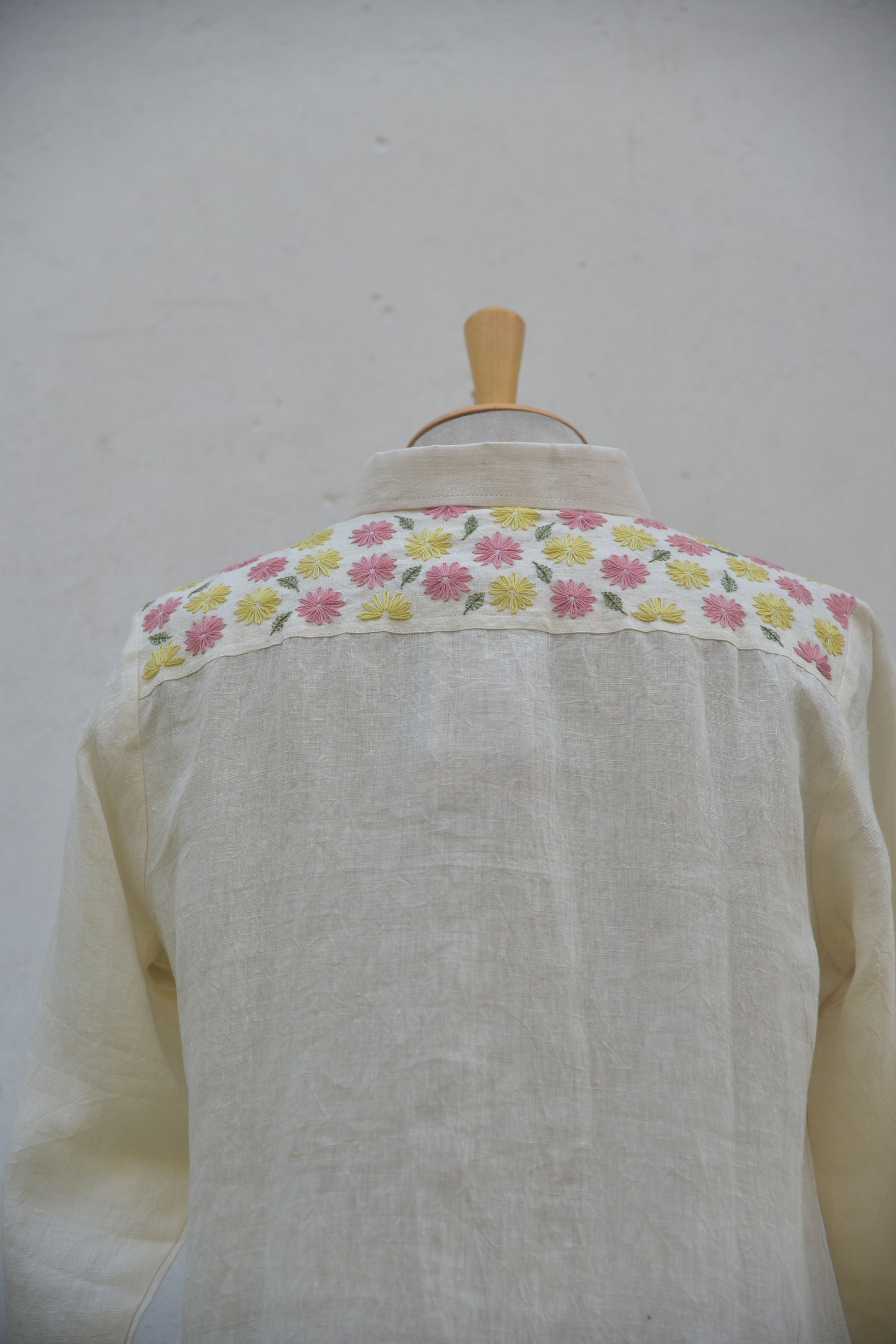 Ivory Gleam Handwoven Linen Shirt White Embroidery Closer View