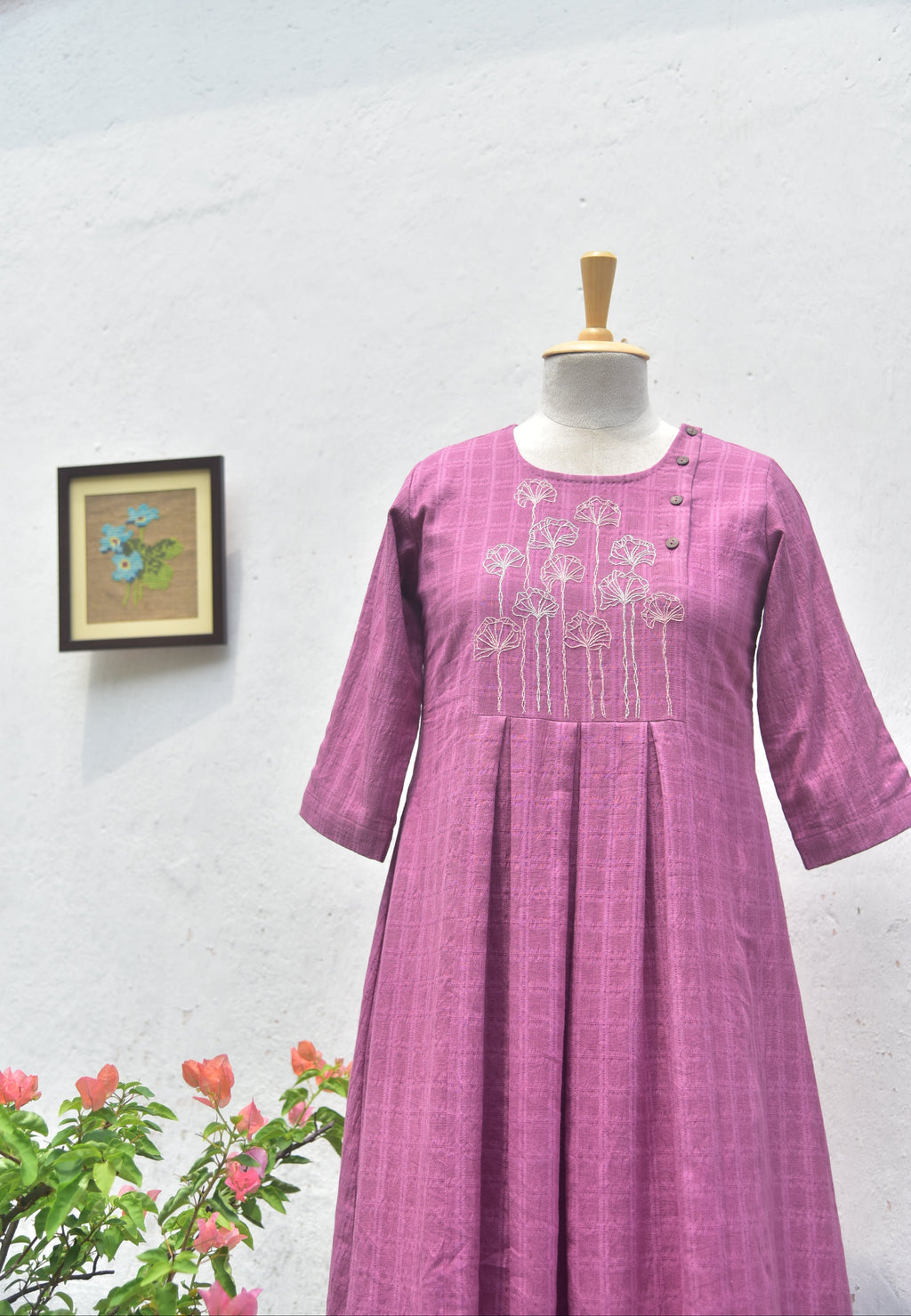 Mauve Meadow handwoven handembroidered cotton dress front