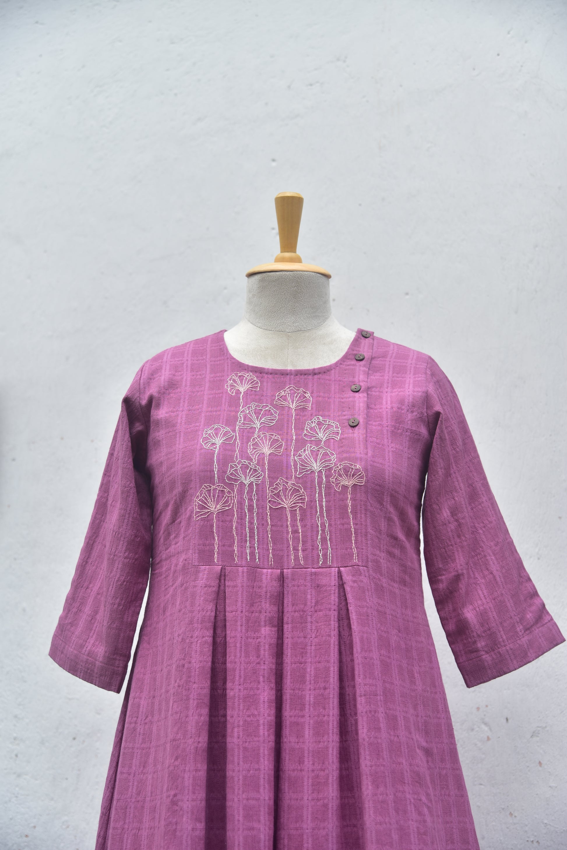 Mauve Meadow handwoven handembroidered cotton dress front close view