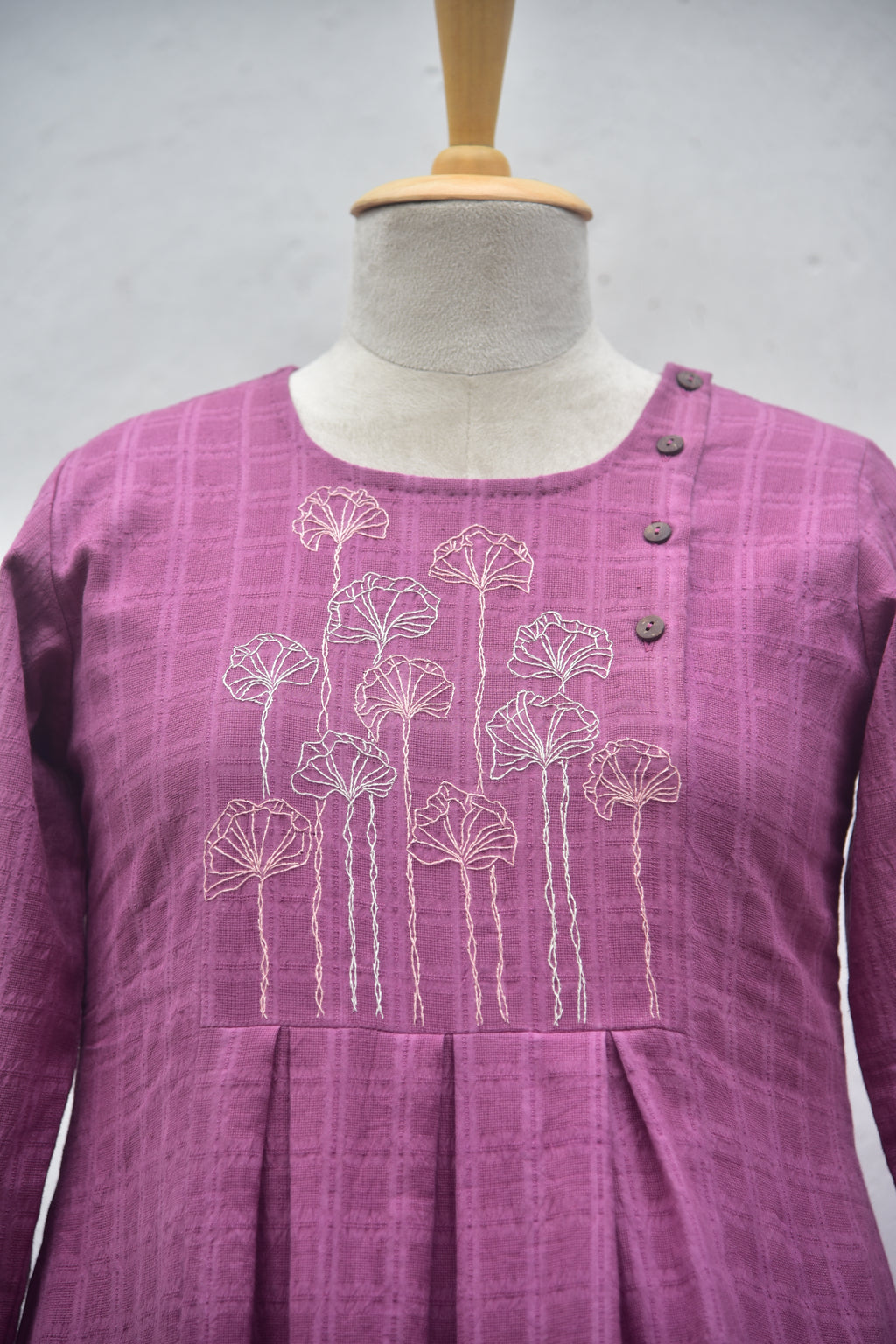 Mauve Meadow handwoven handembroidered cotton dress front close view