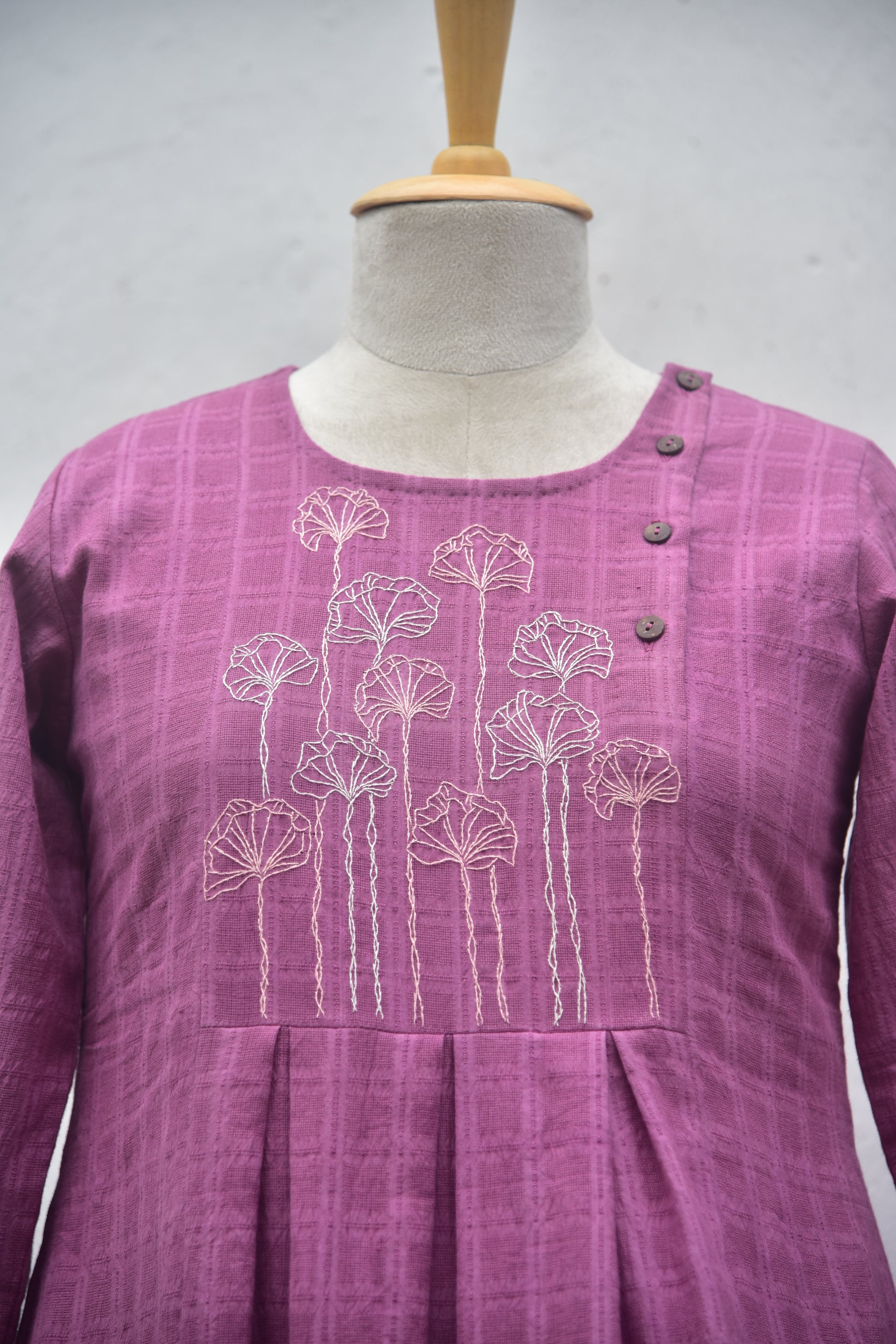 Mauve Meadow handwoven handembroidered cotton dress front close view