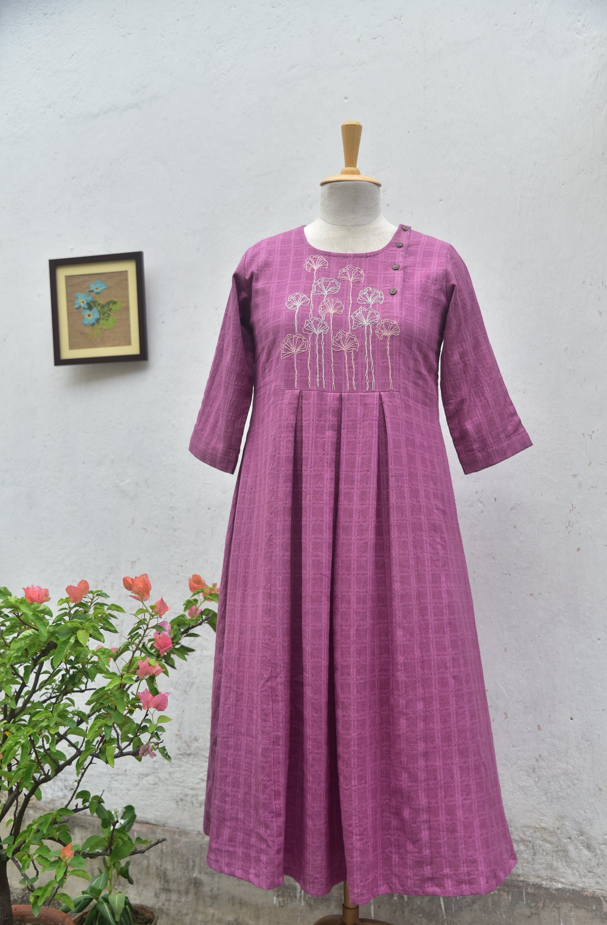 Mauve Meadow handwoven handembroidered cotton dress front