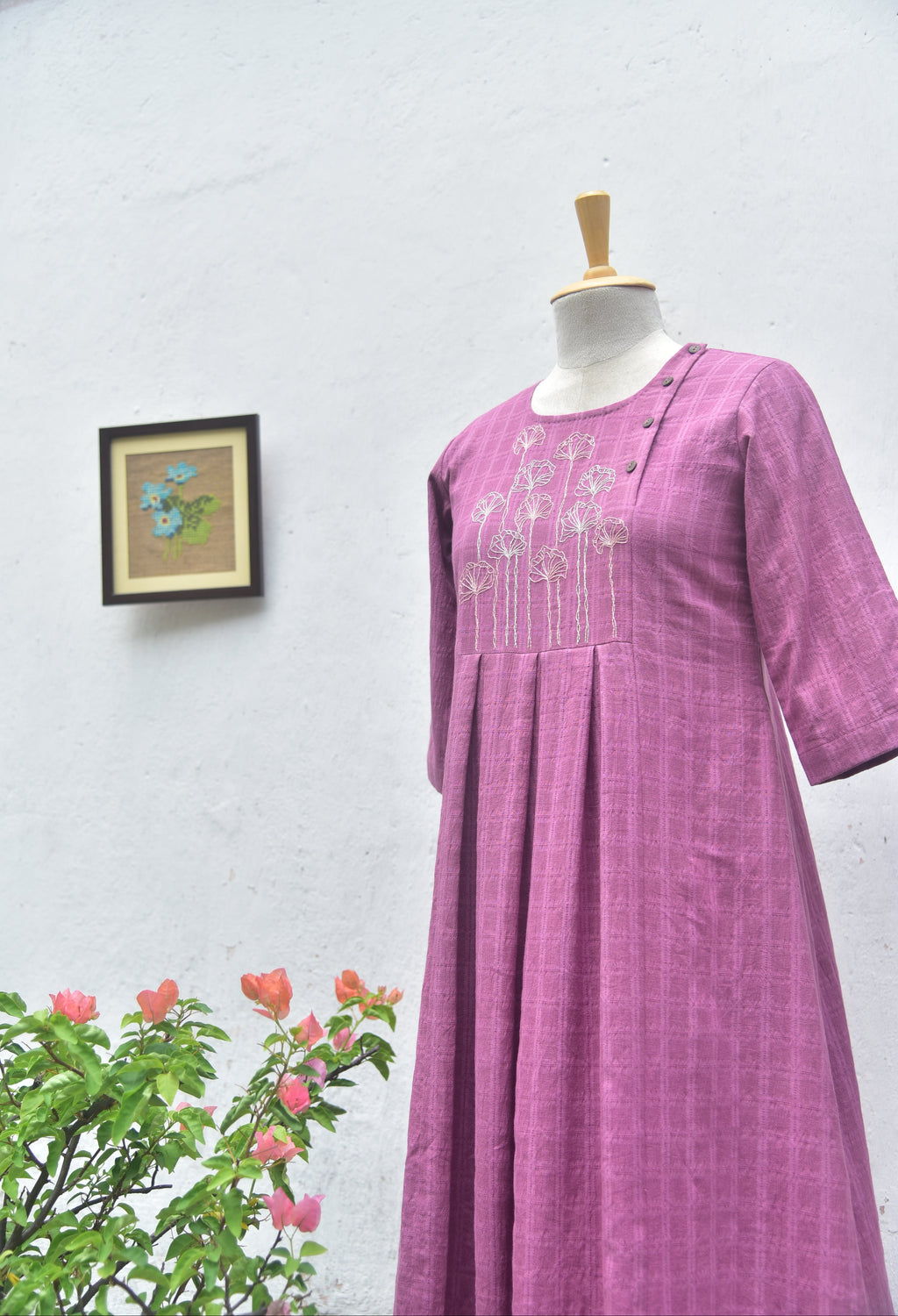 Mauve Meadow handwoven handembroidered cotton dress side