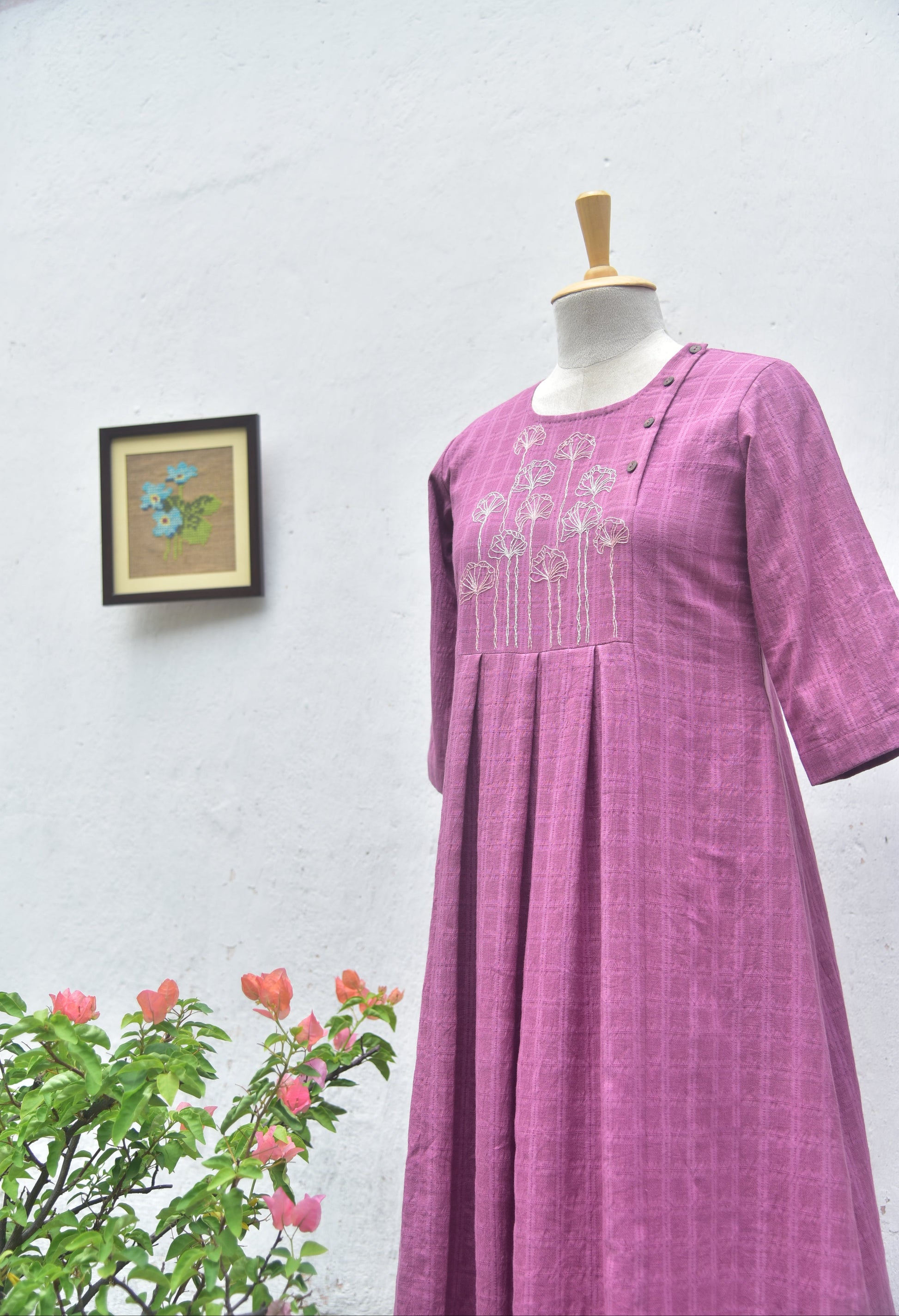 Mauve Meadow handwoven handembroidered cotton dress side