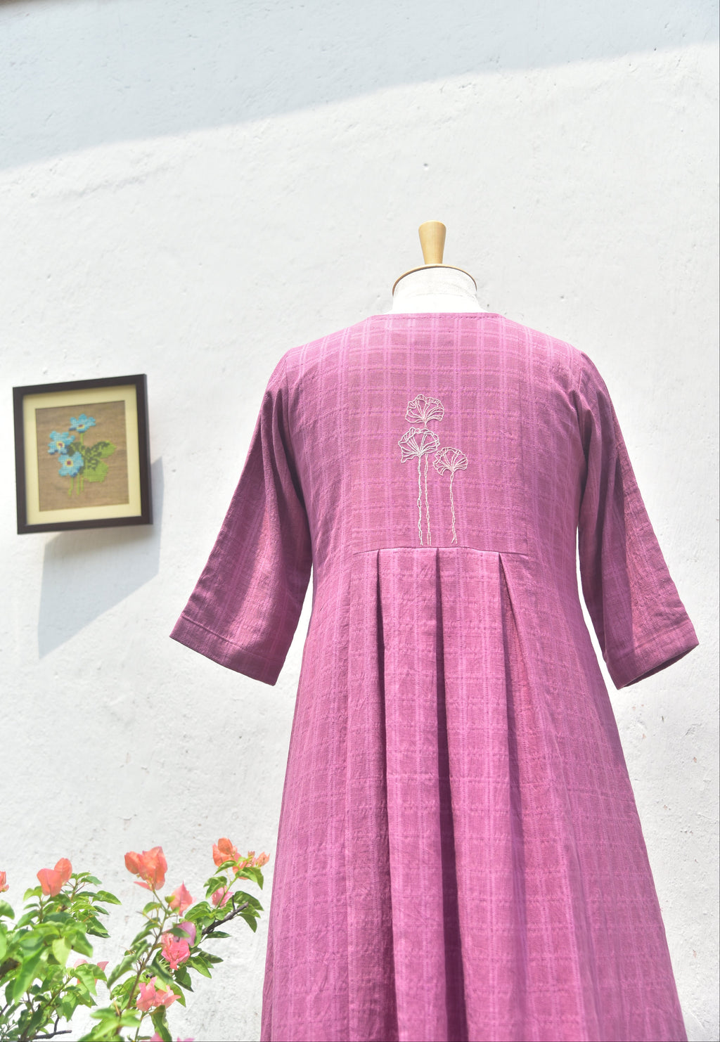 Mauve Meadow handwoven handembroidered cotton dress back