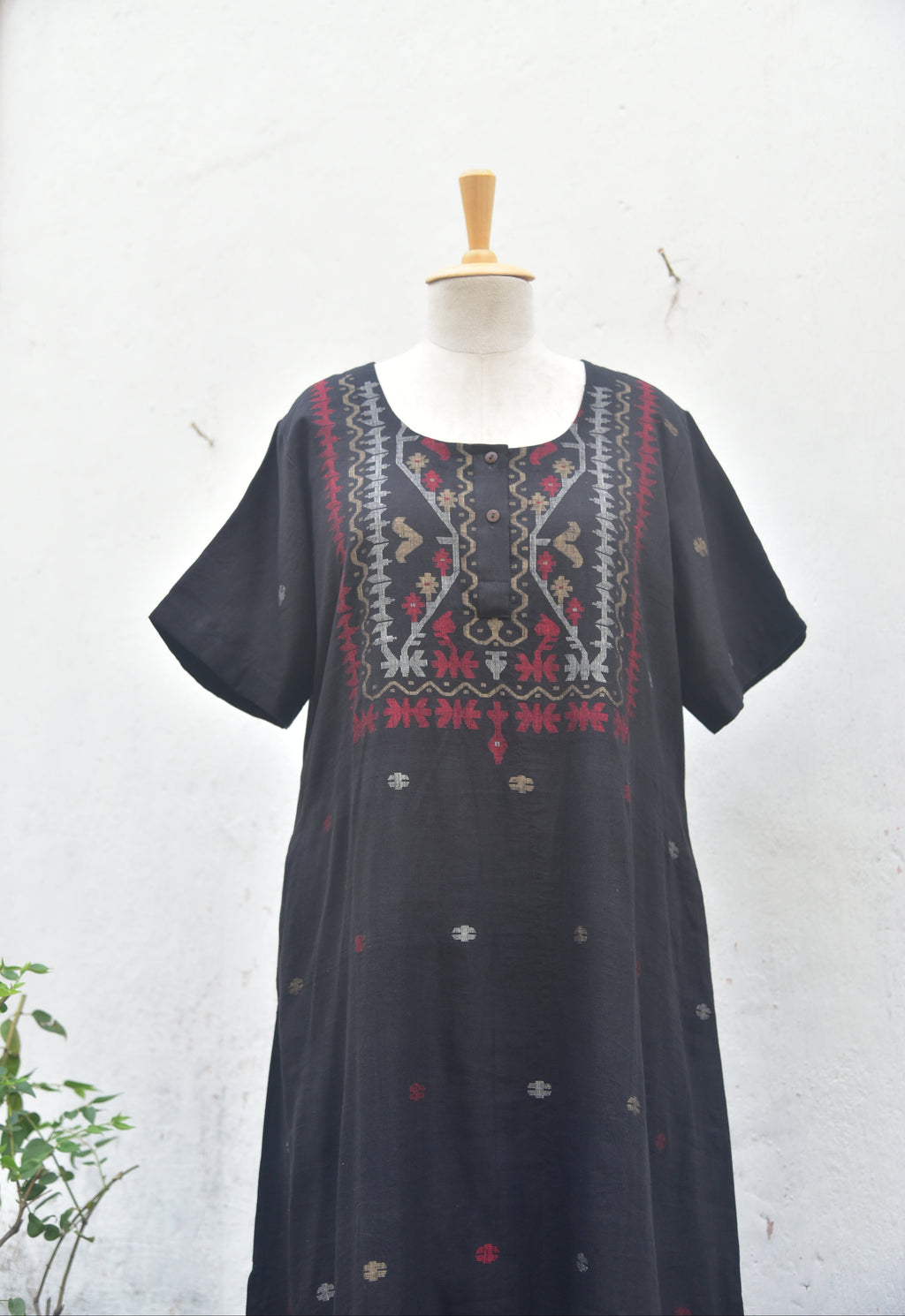 Handspun & Handwoven Jamdani Black Cotton Dress Front