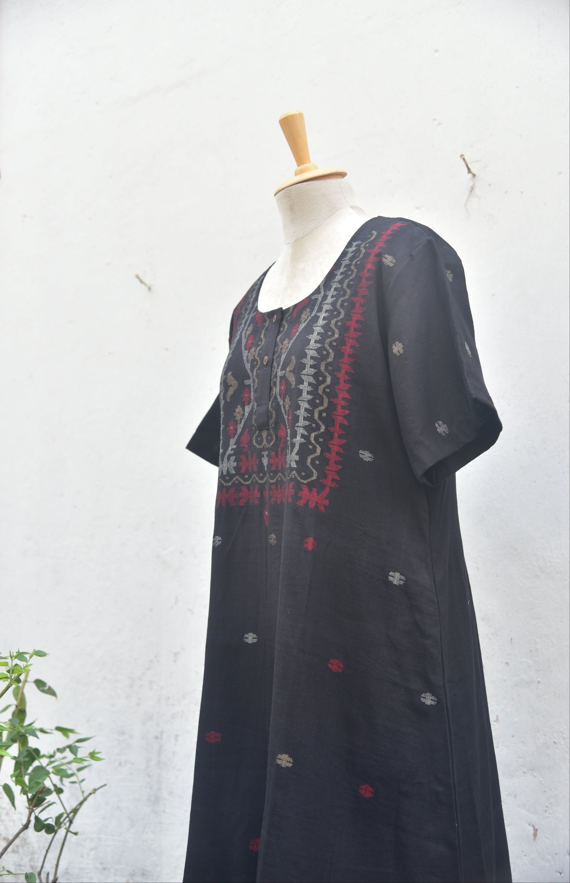 Handspun & Handwoven Jamdani Black Cotton Dress Side
