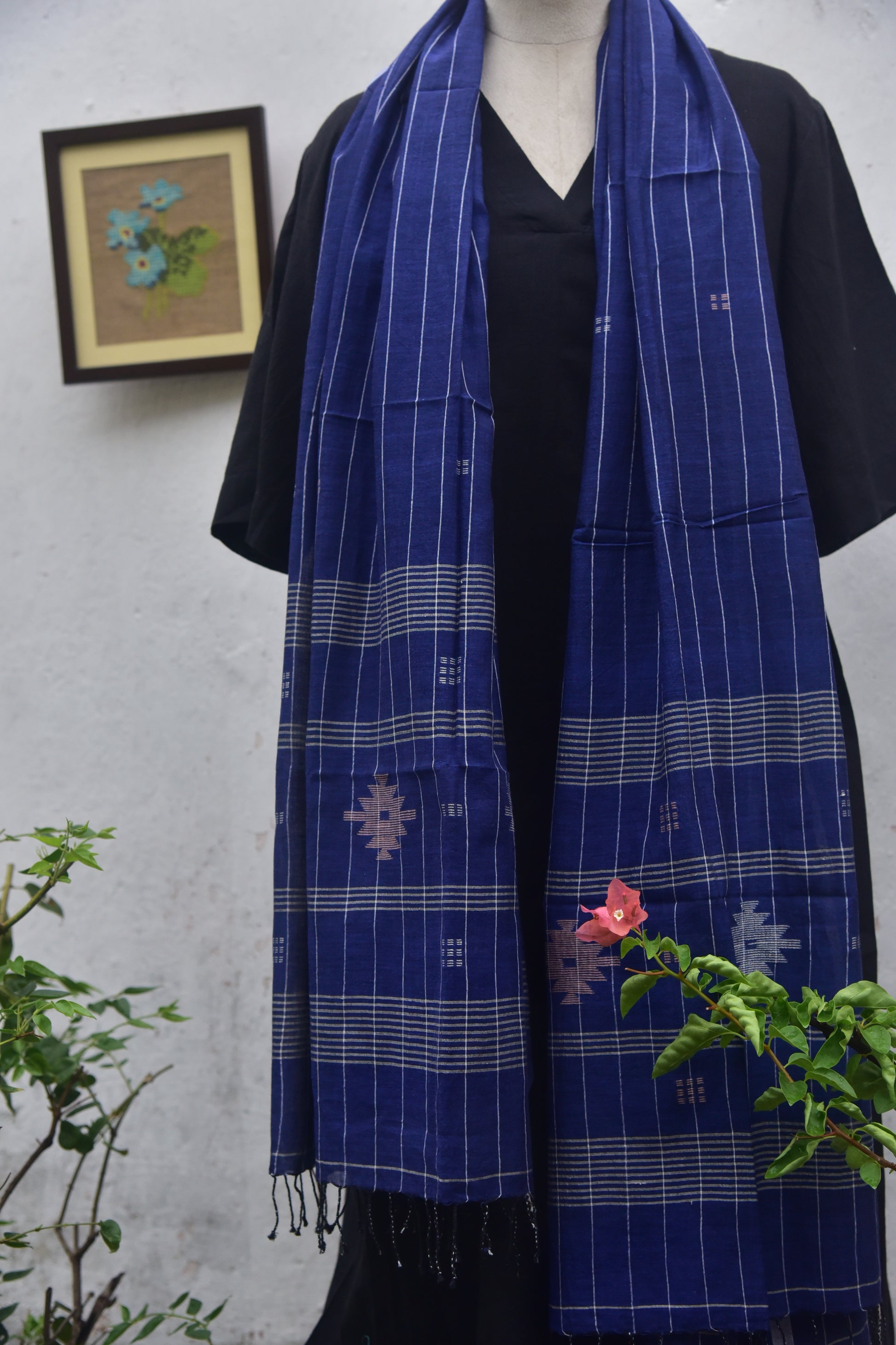 Soft handwoven Jamdani stole in indigo blue front view