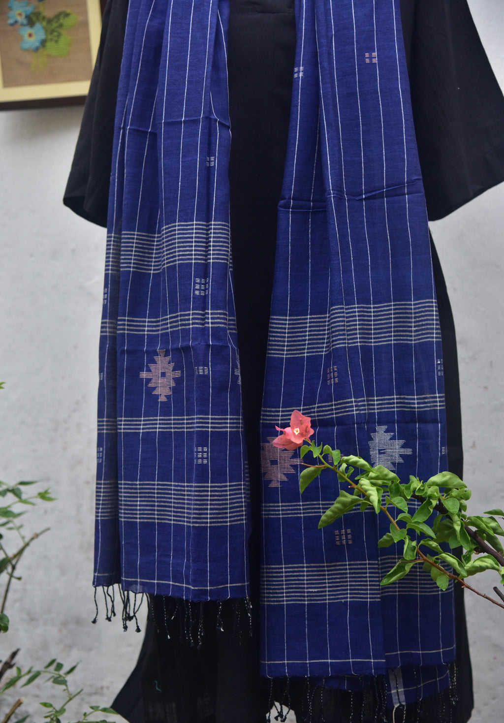 Soft handwoven Jamdani stole in indigo blue front view
