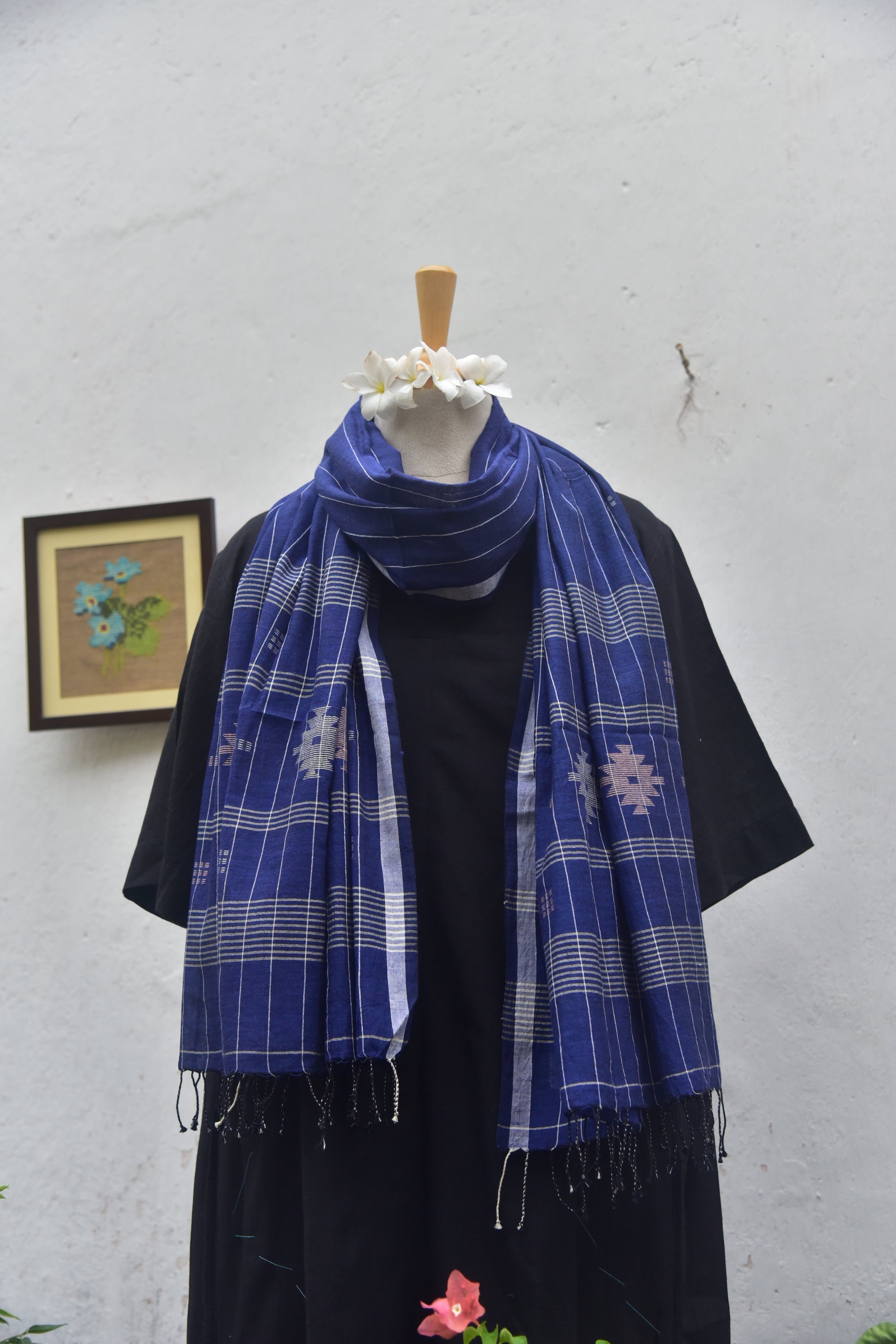 Soft handwoven Jamdani stole in indigo blue front view
