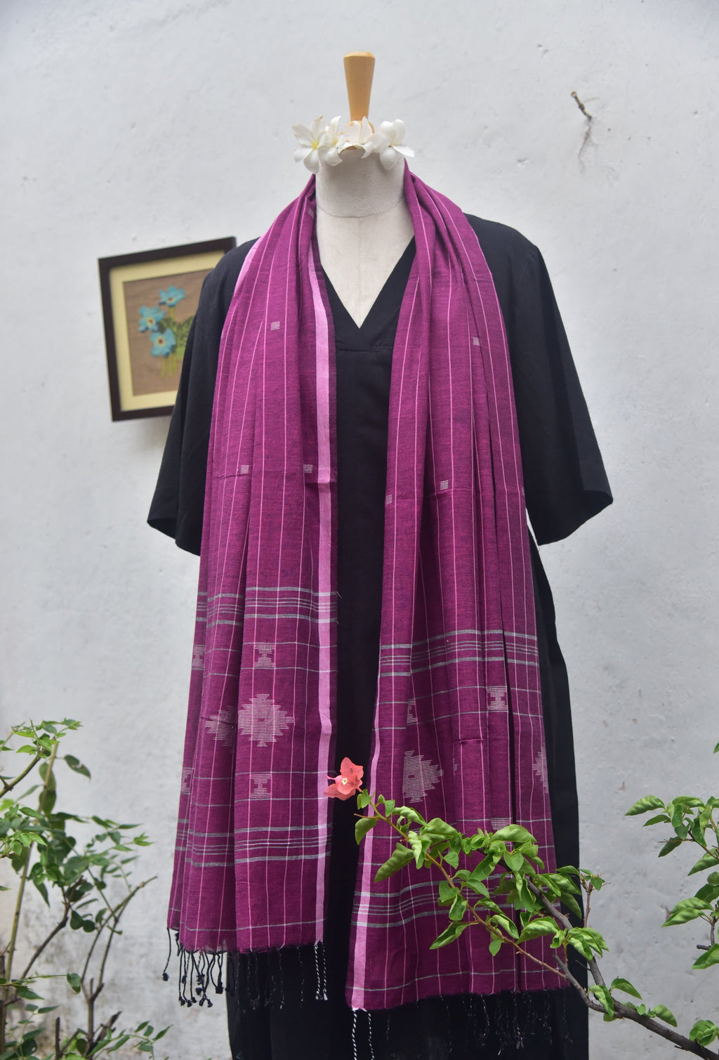 Soft handwoven Jamdani stole in plum front view