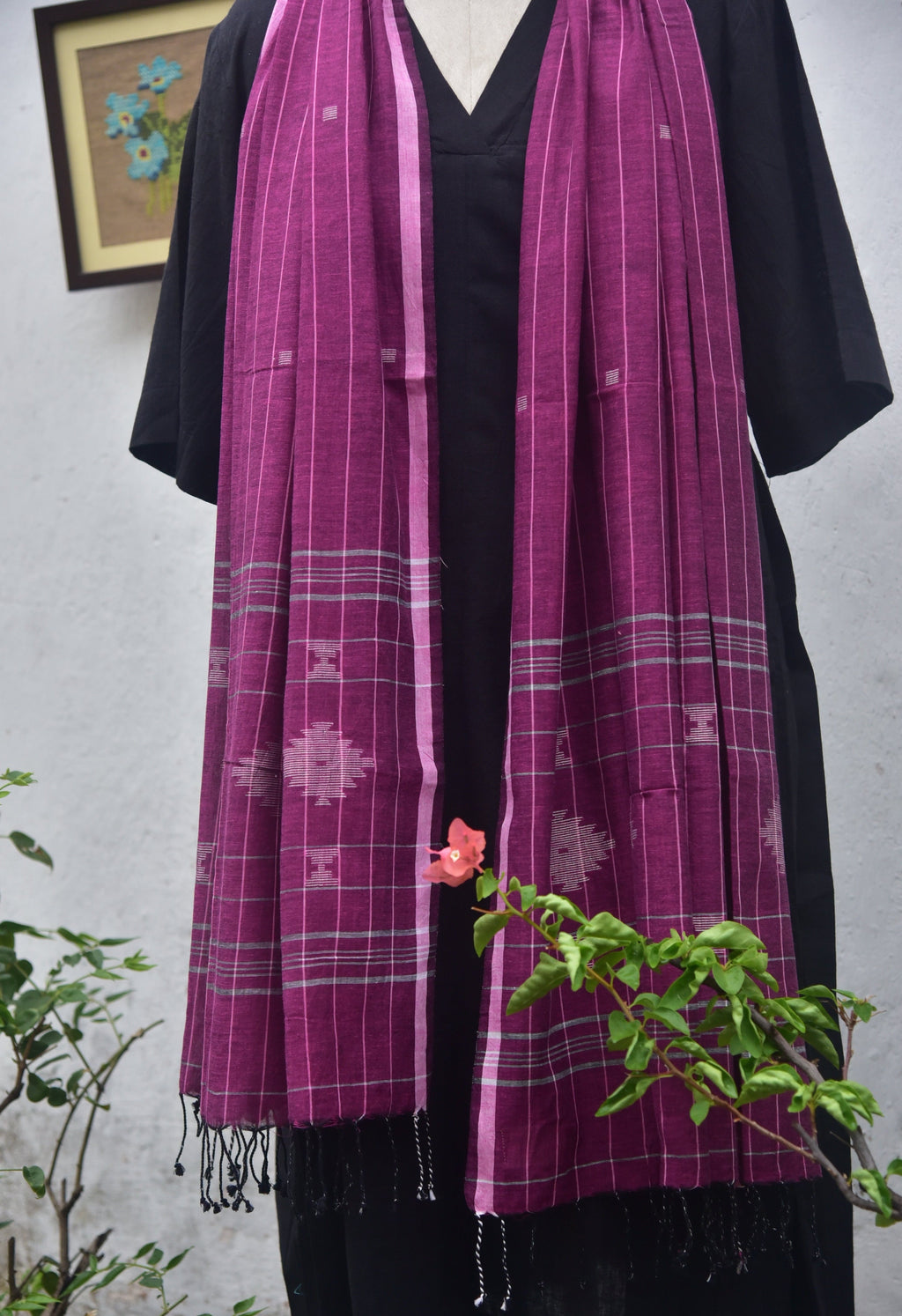 Soft handwoven Jamdani stole in plum front view