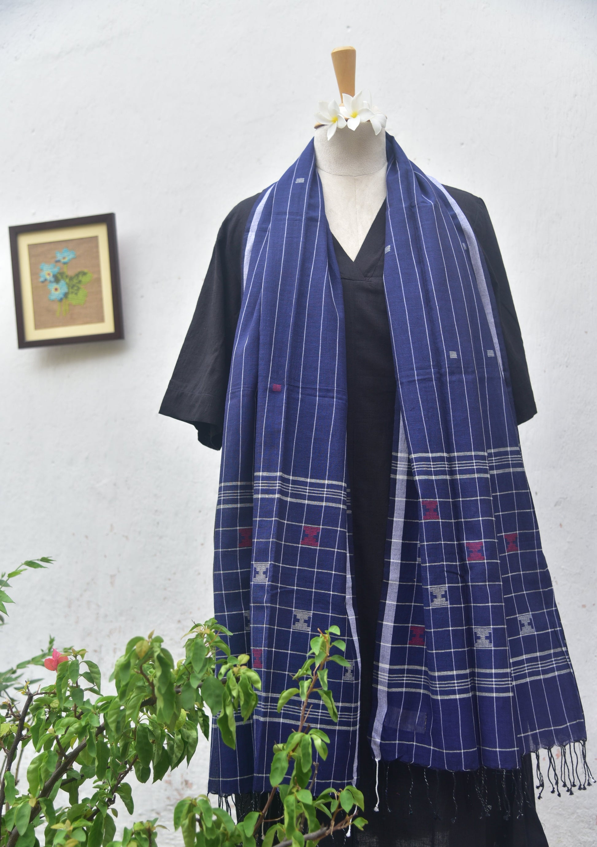 Soft handwoven Jamdani stole in indigo blue front view