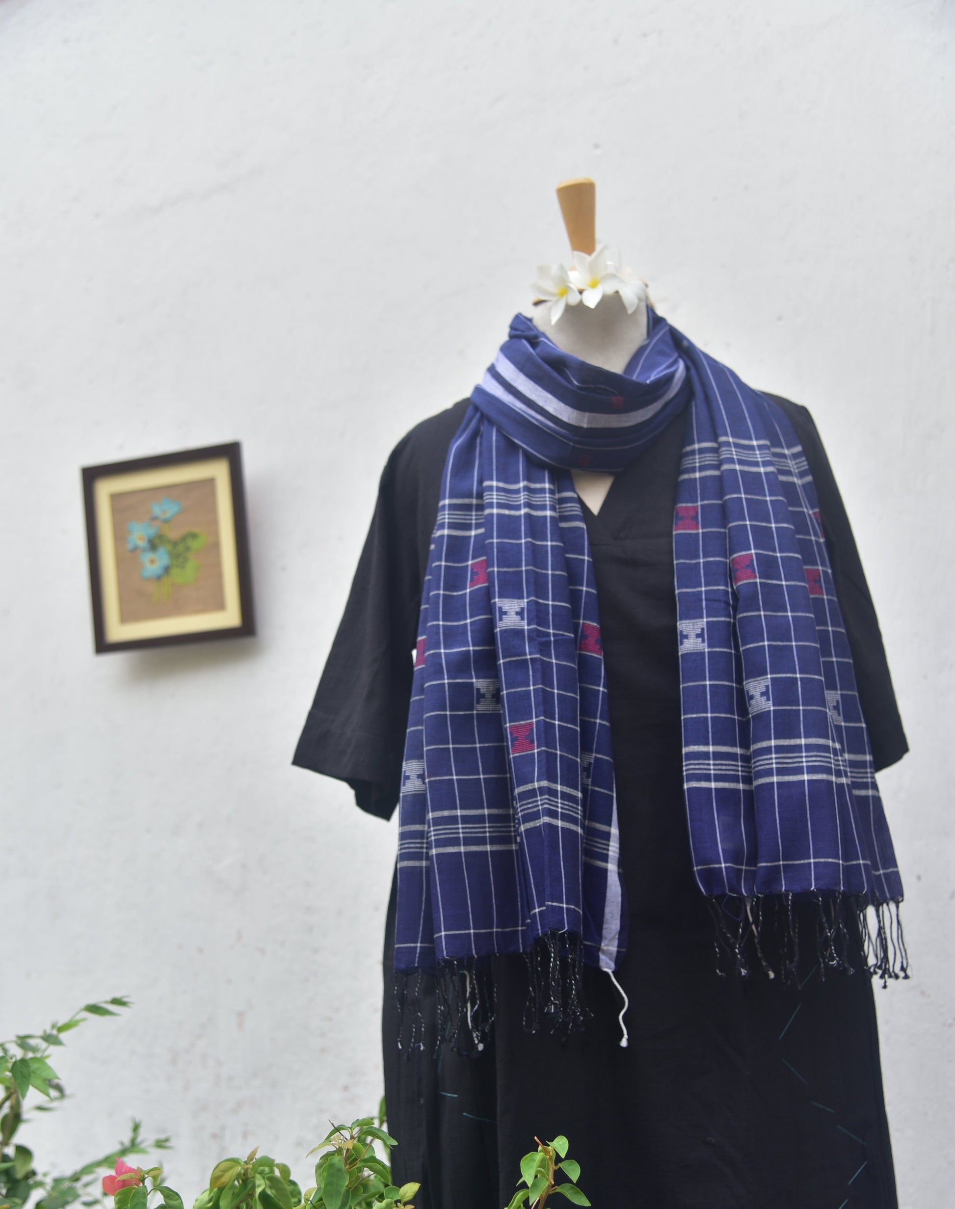 Soft handwoven Jamdani stole in indigo blue front view