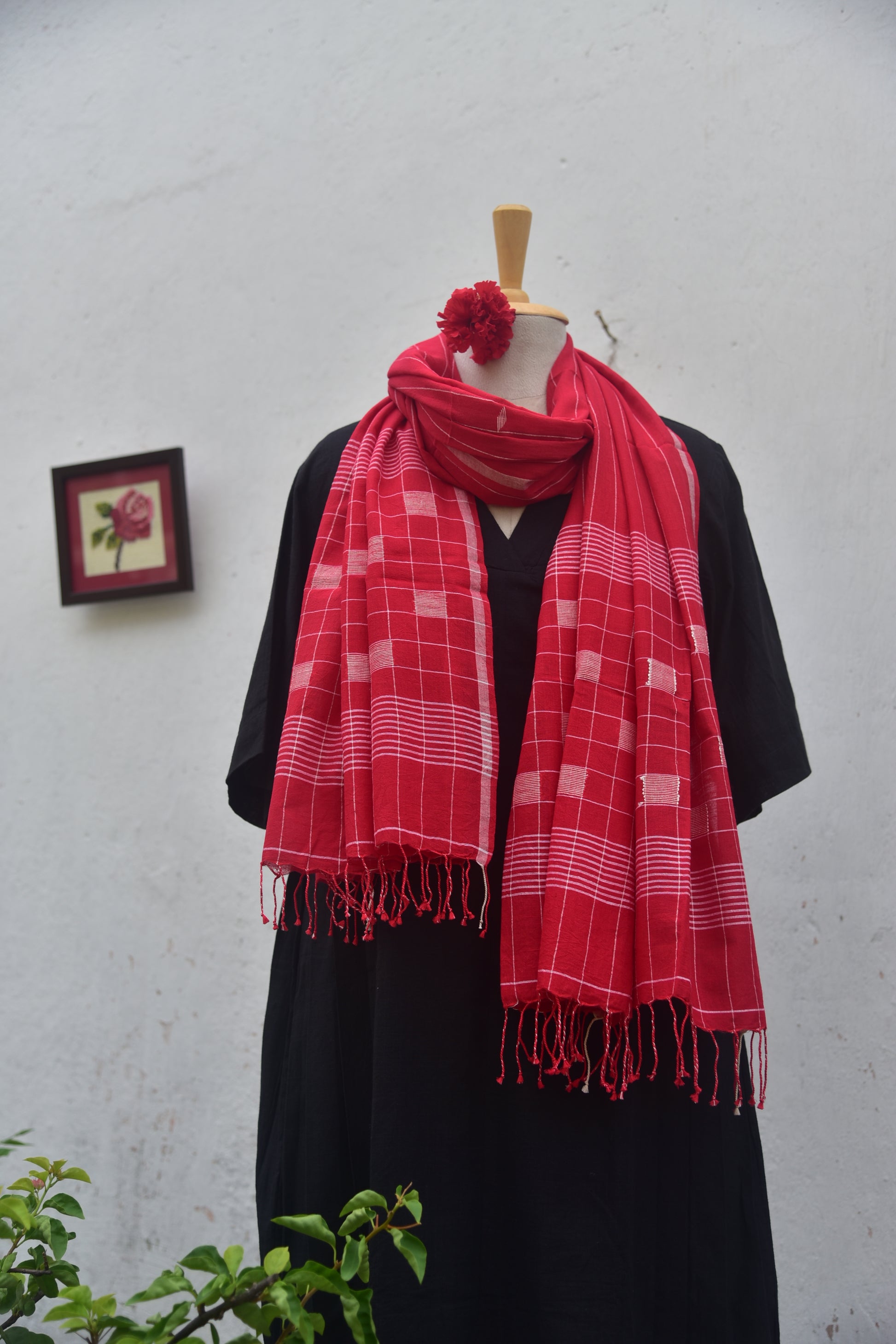Soft handwoven Jamdani stole in red front view