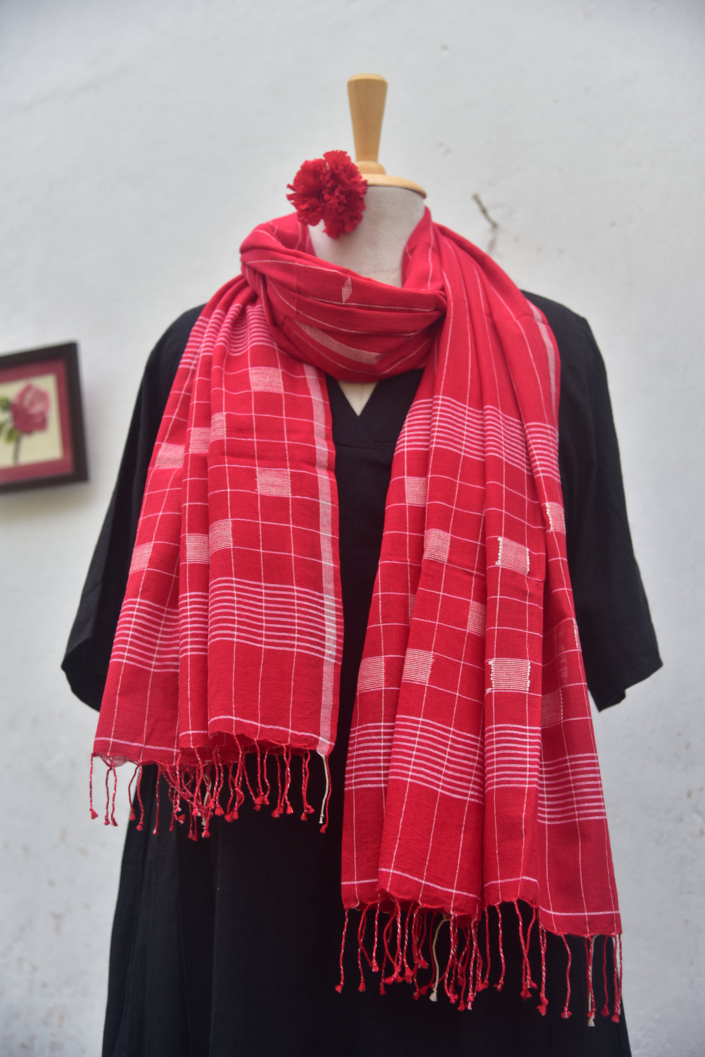Soft handwoven Jamdani stole in red front view