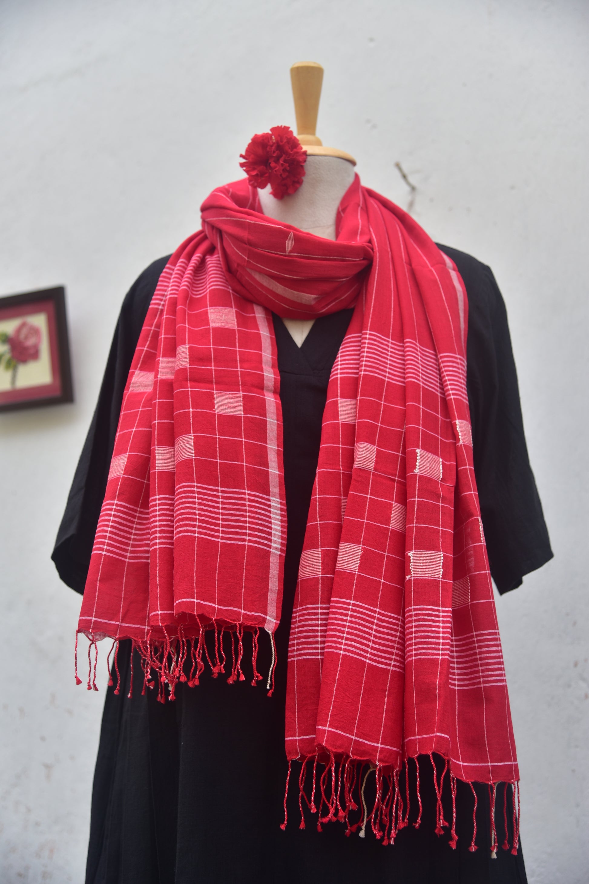 Soft handwoven Jamdani stole in red front view