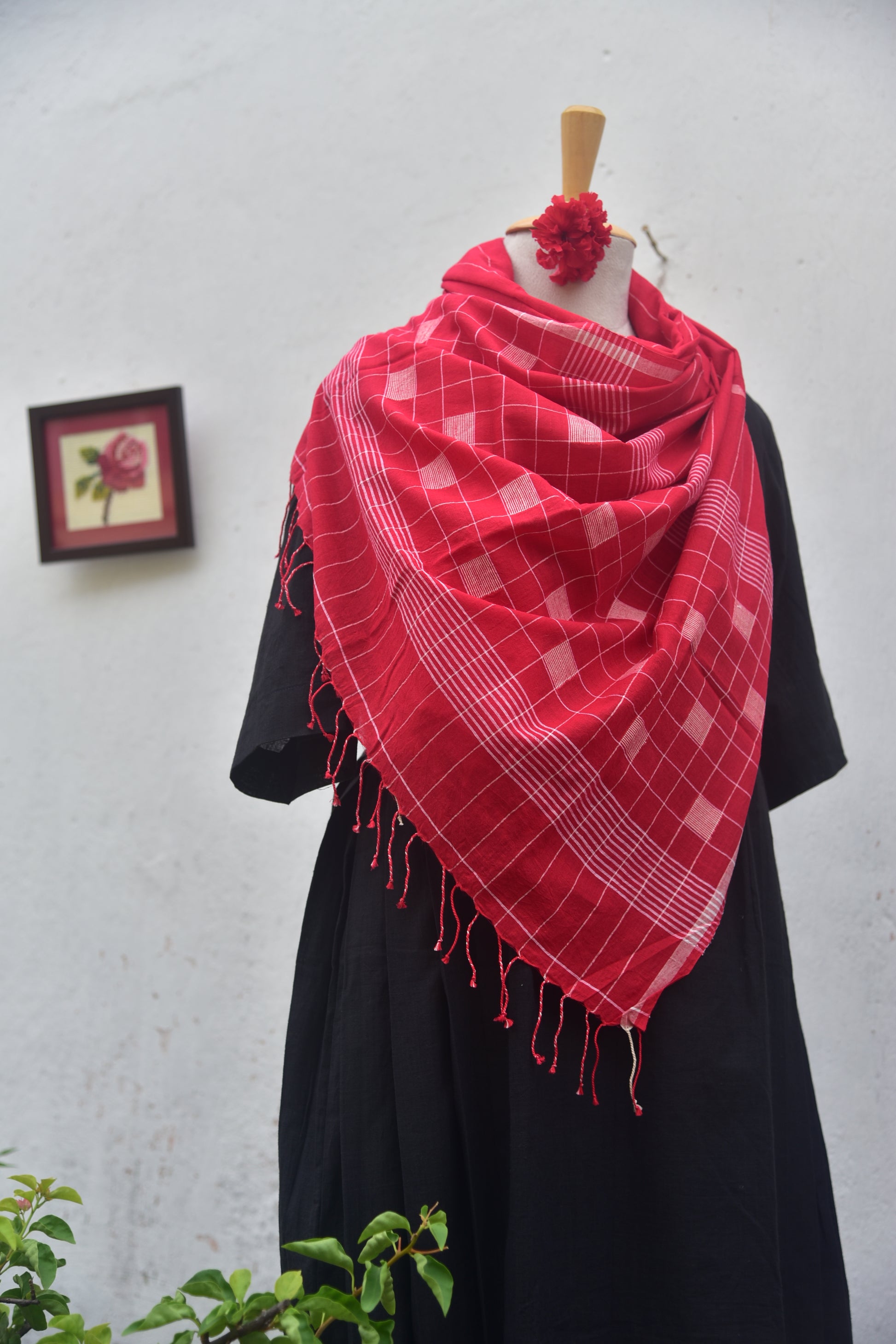 Soft handwoven Jamdani stole in red front view