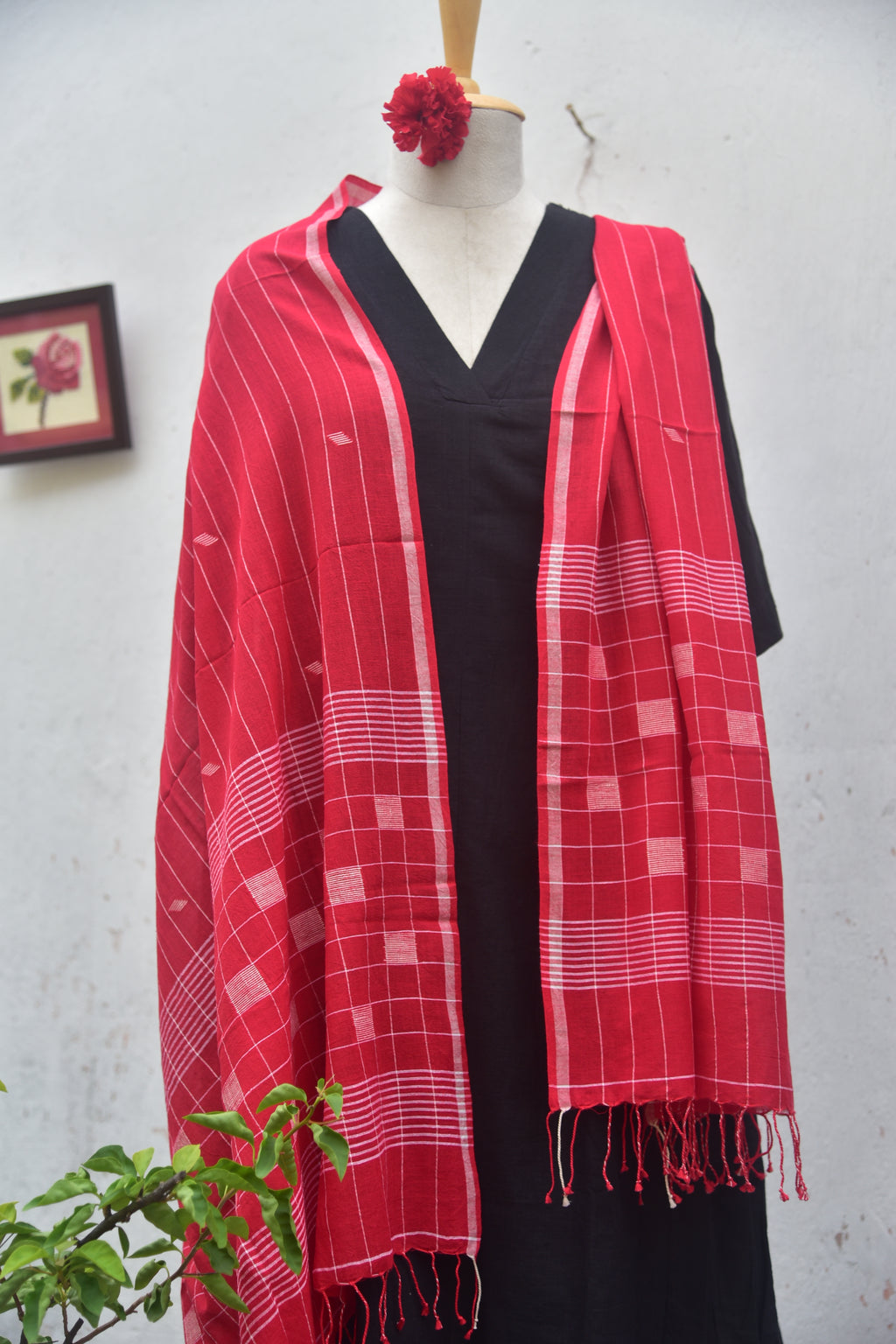Soft handwoven Jamdani stole in red front view