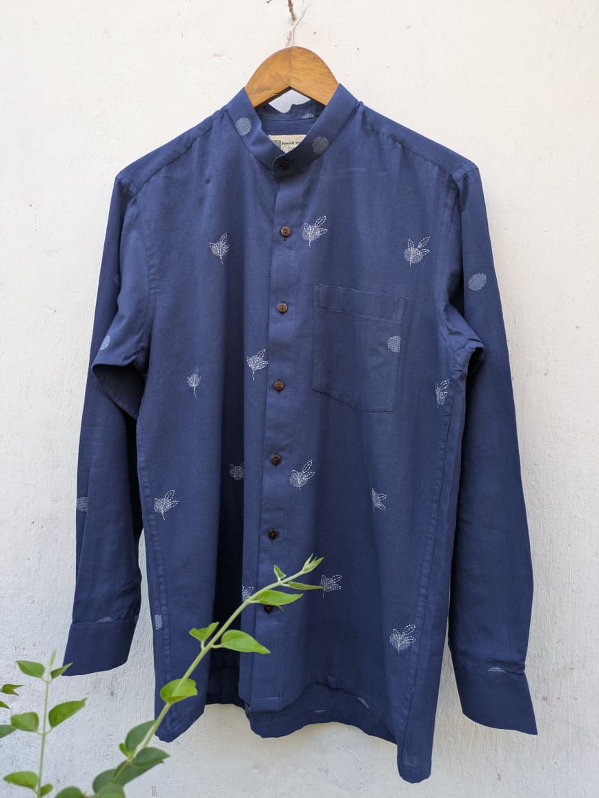 Indigo Jamdani Hand - Embroidered Full Sleeves Shirt