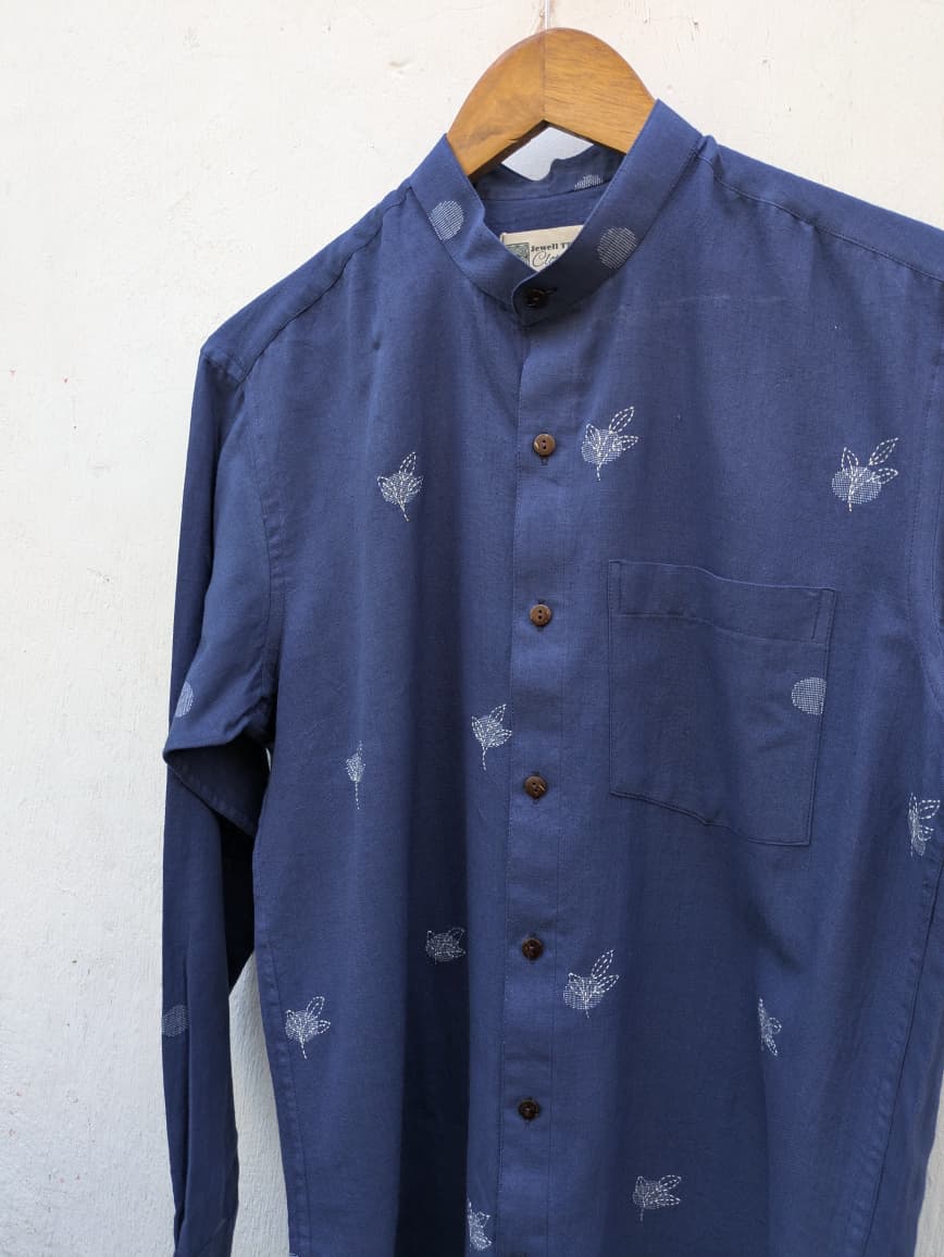 Indigo Jamdani Hand - Embroidered Full Sleeves Shirt