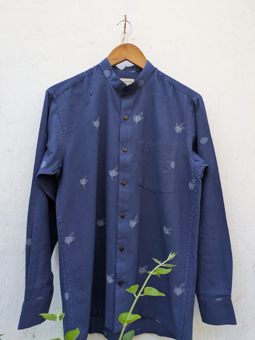 Indigo Jamdani Hand - Embroidered Full Sleeves Shirt