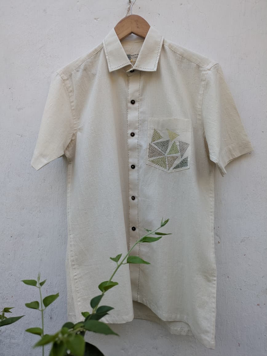 Off-white Handloom Hand-Embroidered Shirt