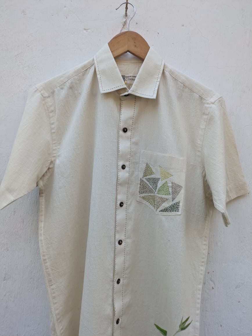 Off-white Handloom Hand-Embroidered Shirt