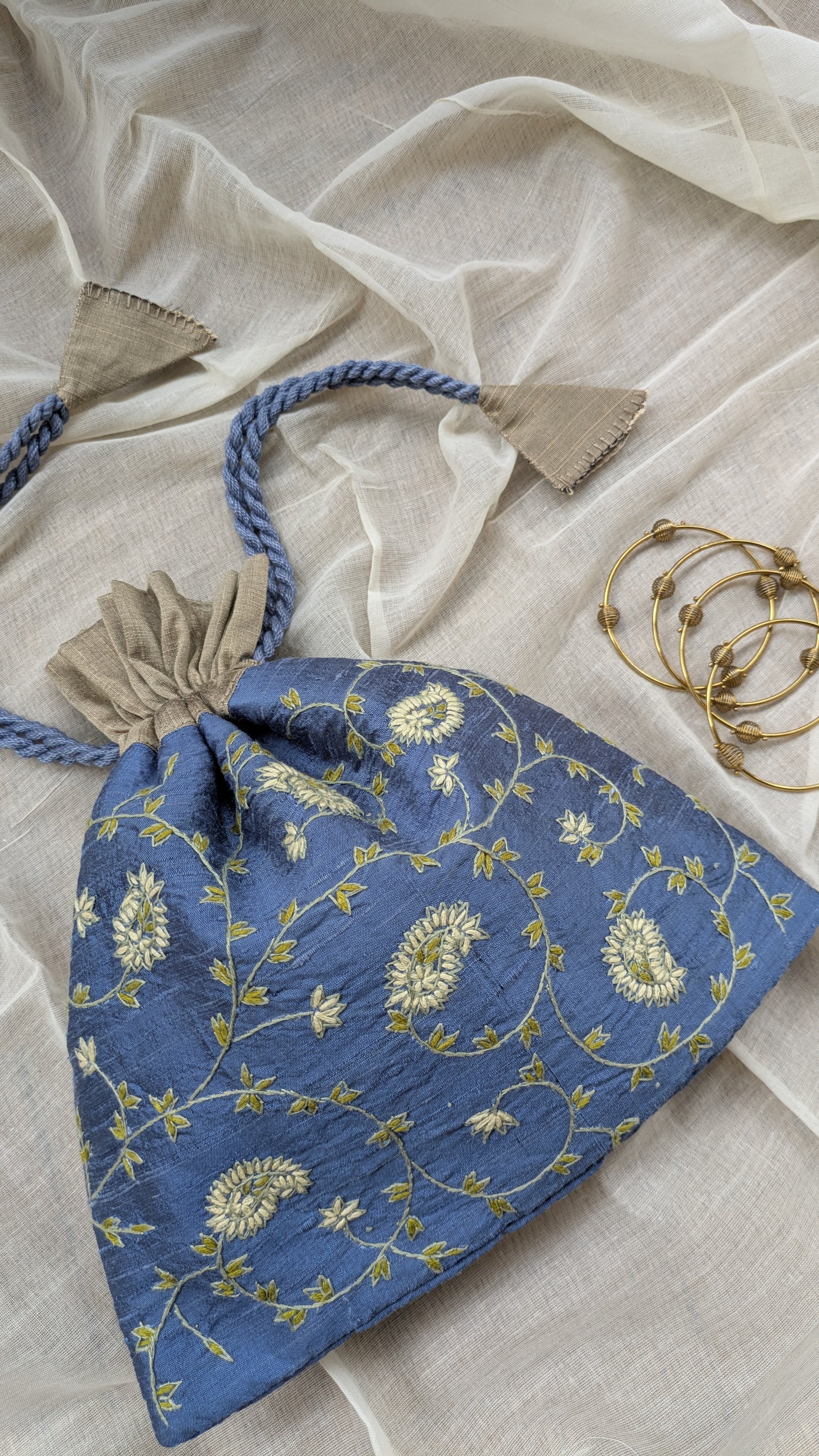 Kashmiri Embroidered Potli on Silk Cotton - Steel Grey