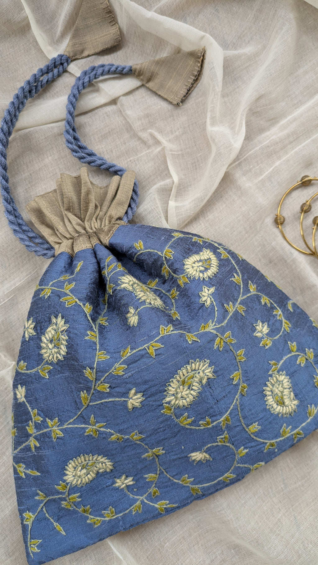 Kashmiri Embroidered Potli on Silk Cotton - Steel Grey