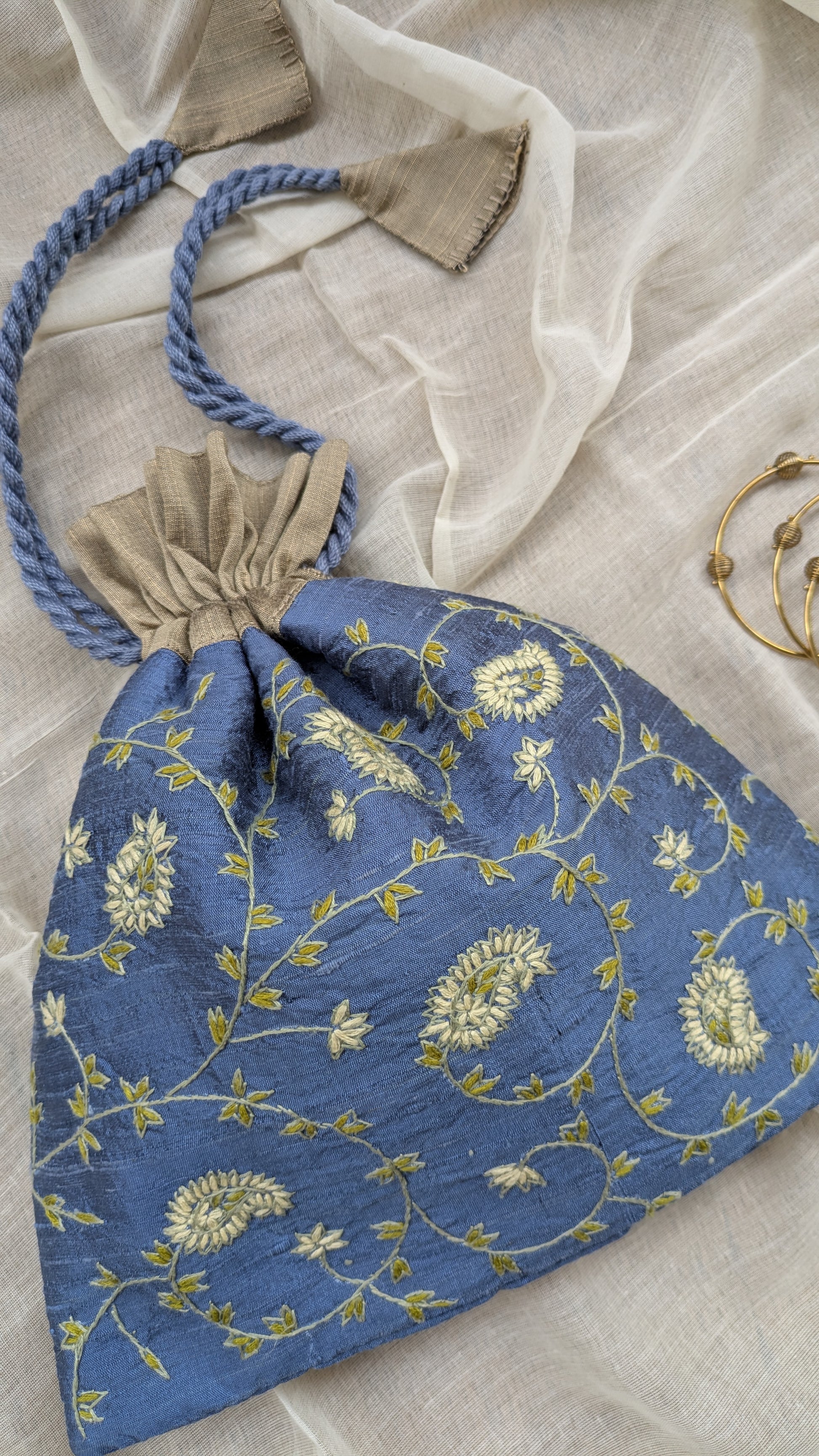 Kashmiri Embroidered Potli on Silk Cotton - Steel Grey